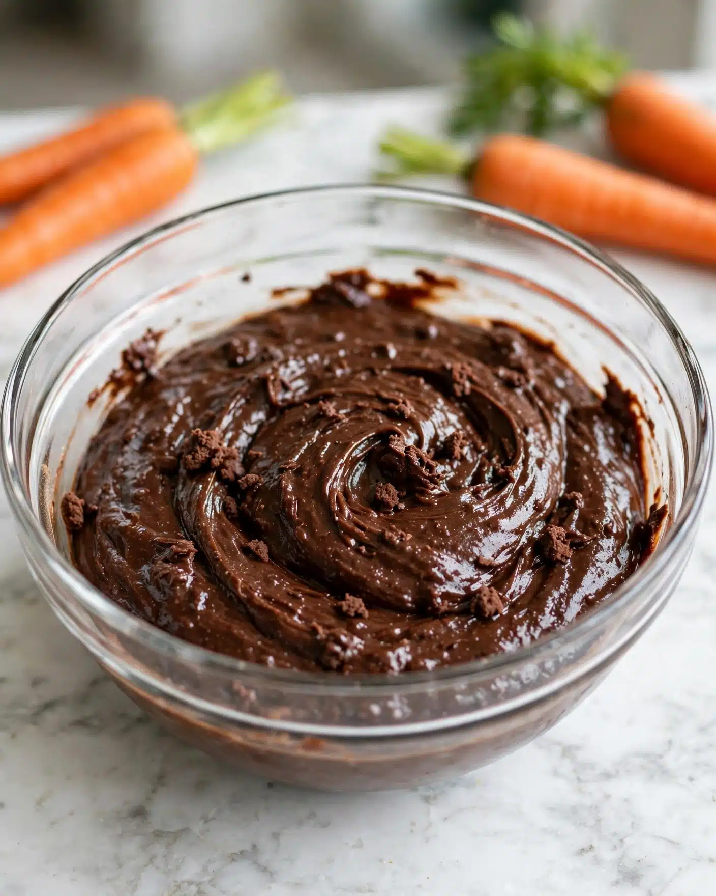 Moist Chocolate Carrot Cake Recipe 4 A clear glass bowl filled with thick, dark brown chocolate batter that has a slightly shiny and uneven textured surface, showing small lumps and swirls from mixing. The bowl is placed on a white marbled surface. In the background, bright orange carrots with green tops are partially visible. Photo taken with an iphone --ar 4:5 --v 7