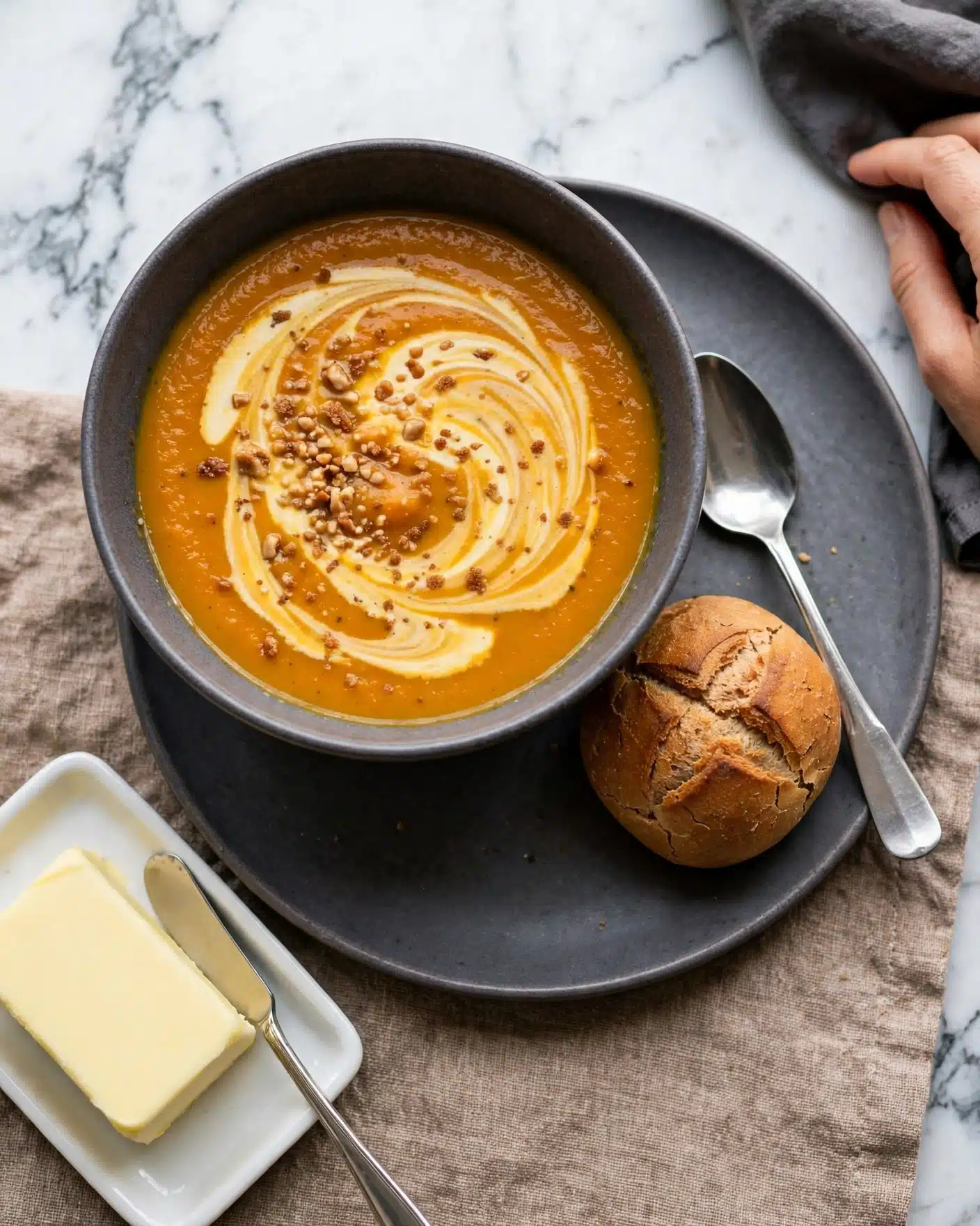 Caramelized Onion Butternut Squash Soup Recipe 5 The image shows a deep gray bowl filled with a thick orange soup, swirled with lighter cream on top and sprinkled with small brown bits. The bowl sits on a matching gray plate, which also holds a small brown bread roll with a cracked top. A silver spoon rests beside the bread on the plate. The plate is on a textured light brown cloth, with a white ceramic dish holding a large block of butter and a butter knife nearby. The top right corner shows a glimpse of a woman's hand near a dark gray cloth. The background is a white marbled texture. photo taken with an iphone --ar 4:5 --v 7