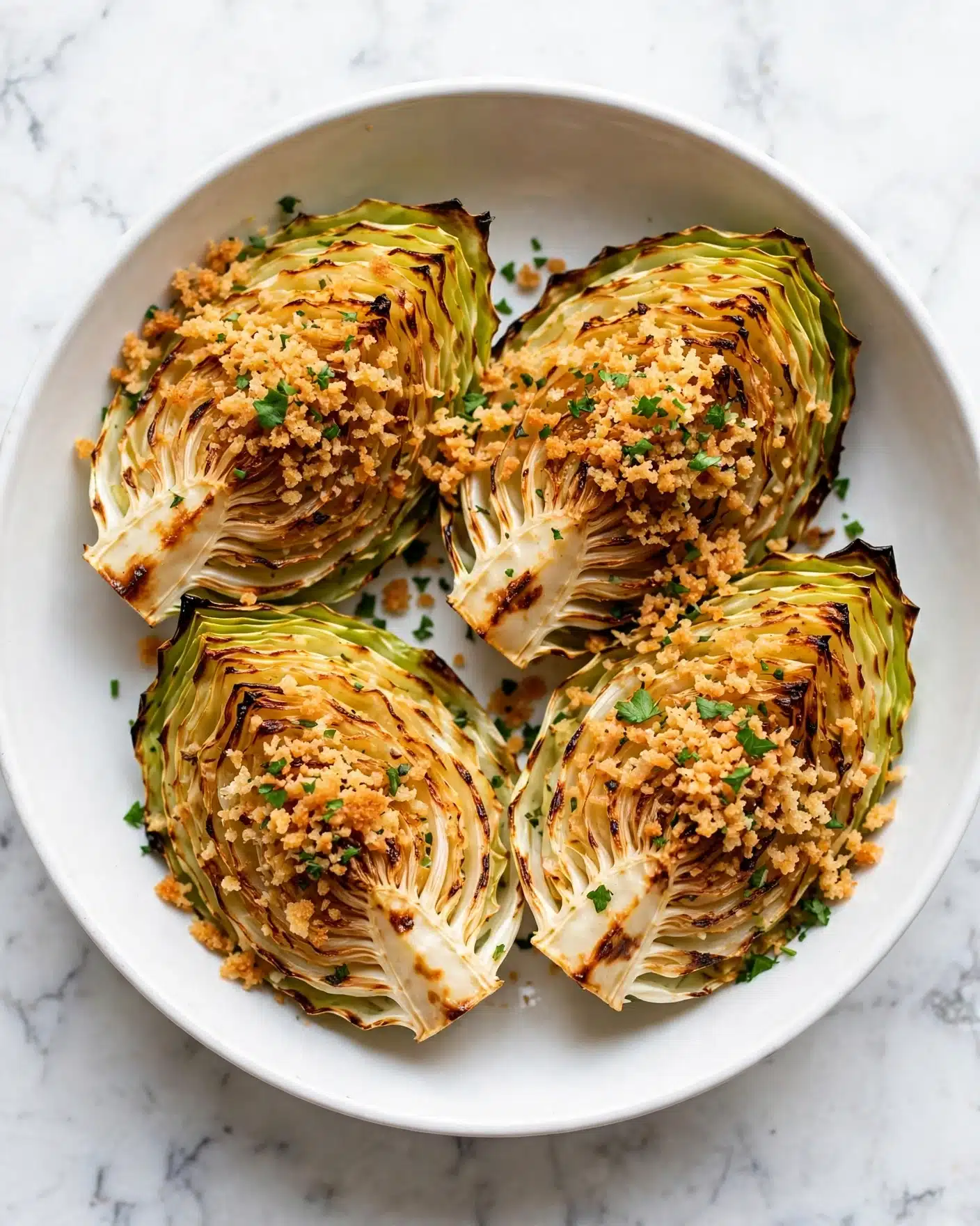 Miso Butter Roasted Cabbage Wedges Recipe 5 The image shows wedges of roasted cabbage layered with a golden brown crunchy topping, placed closely together in a rustic metal pan. Each wedge reveals tightly packed light green and cream cabbage leaves, slightly charred and caramelized at the edges, with the crispy topping spread evenly over the surface and between the leaves. The pan sits on a white marbled surface, enhancing the warm tones of the roasted cabbage and crunchy topping. photo taken with an iphone --ar 4:5 --v 7
