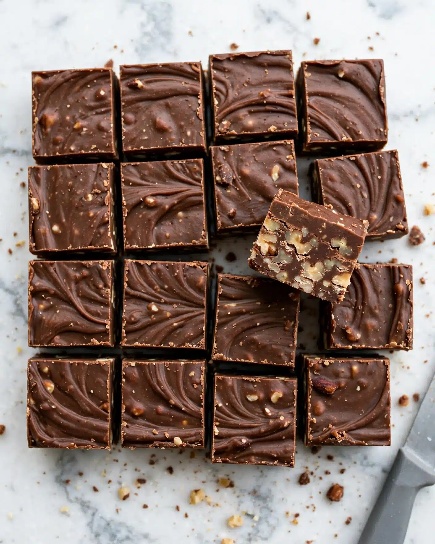 Easy Fudge Recipe 5 The image shows fifteen thick square pieces of chocolate fudge with a smooth, slightly swirled top layer in dark brown color. Inside the fudge, lighter brown nut pieces are scattered throughout, giving texture and contrast to the rich chocolate. The pieces are laid out on a flat white marbled surface, arranged loosely with one piece standing up to reveal the layered inside filled with nuts. There are a few small crumbs around, with the edge of a knife visible in the bottom right corner. photo taken with an iphone --ar 4:5 --v 7