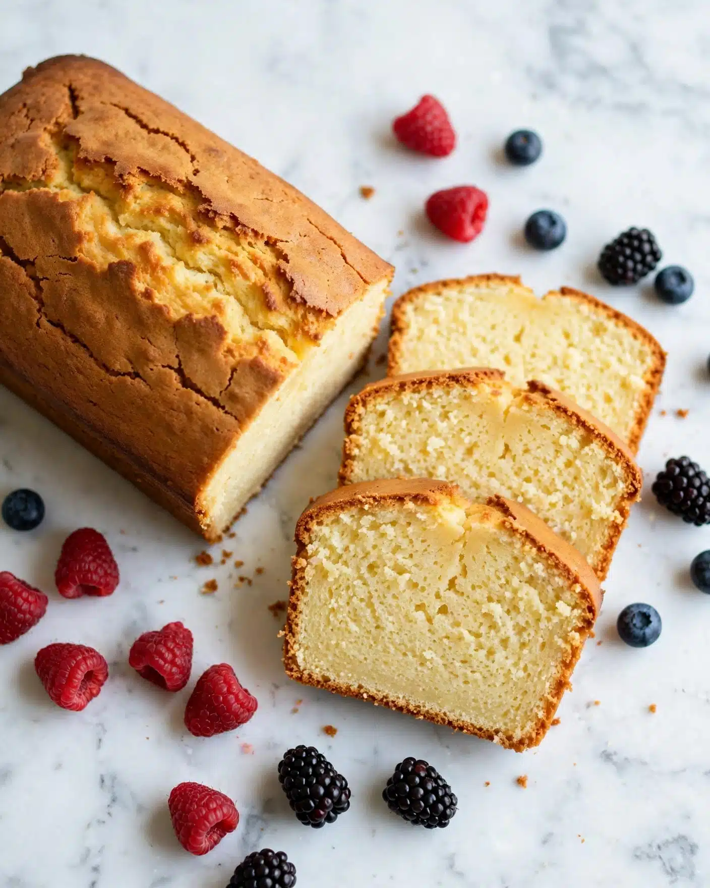 Pound Cake Delight Recipe 5 This image shows five slices of yellow pound cake lying on white crinkled parchment paper on a white marbled surface. Each slice has a golden brown crust on the top and sides, with a soft, light yellow inside that looks moist and spongy. The slices are thick and evenly cut, stacked slightly overlapping each other, with one slice fully flat on the paper in front. The texture of the cake looks smooth with small air holes inside, and the edges have a slight crisp. photo taken with an iphone --ar 4:5 --v 7