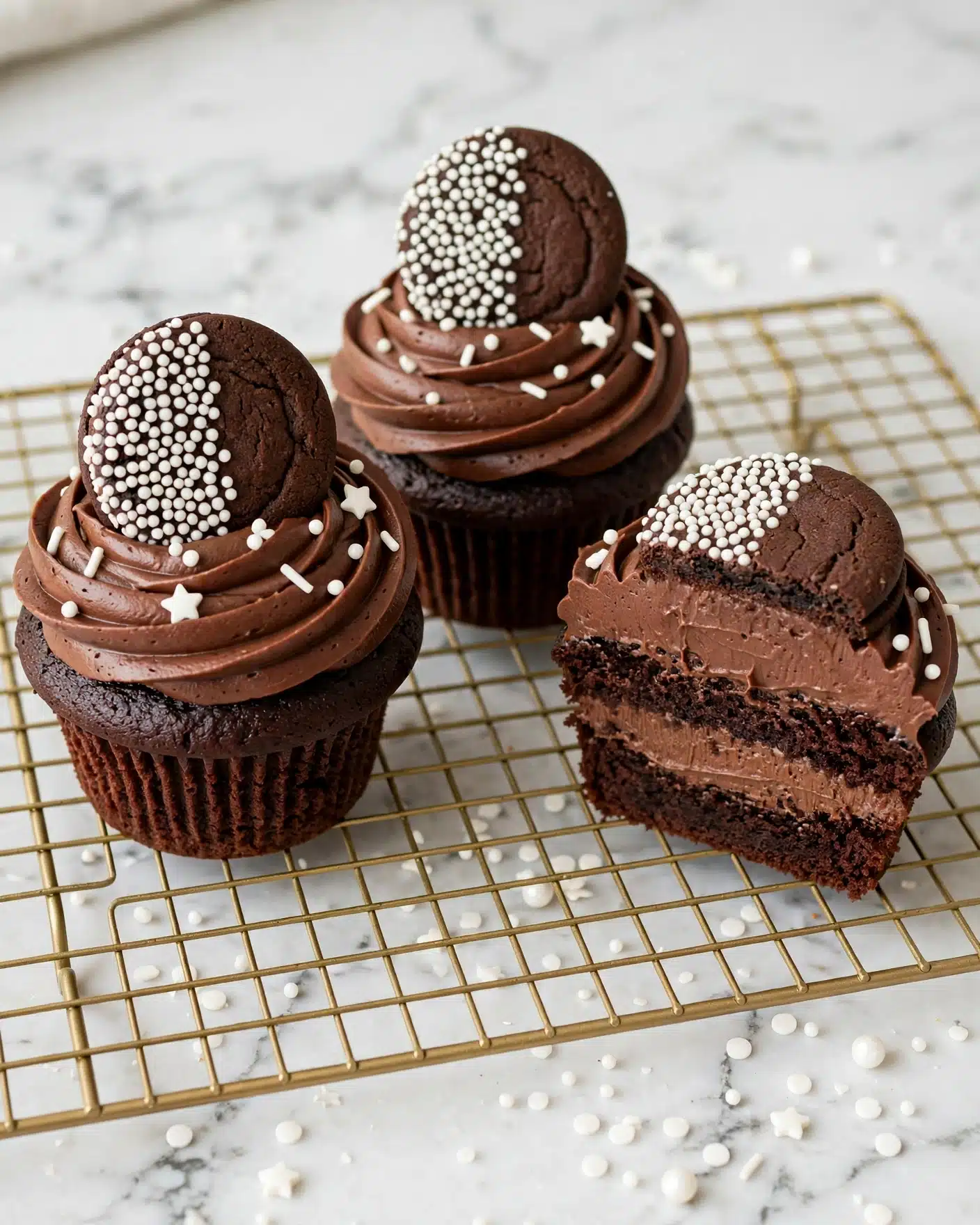 Full Moon Brownie Cupcakes Recipe 4 The image shows chocolate cupcakes with three main layers. The bottom layer is a dark, moist chocolate cupcake base with a soft texture. The middle layer is a thick swirl of smooth, creamy chocolate frosting. The top layer is a round chocolate cookie placed flat with a half-covered white sprinkle design on it, surrounded by small white and star-shaped sprinkles both on the frosting and the cookie. One cupcake is cut in half showing the inside cake and frosting layers. The cupcakes sit on a gold wire rack over a white marbled surface, with white star and round sprinkles scattered around. Photo taken with an iphone --ar 4:5 --v 7
