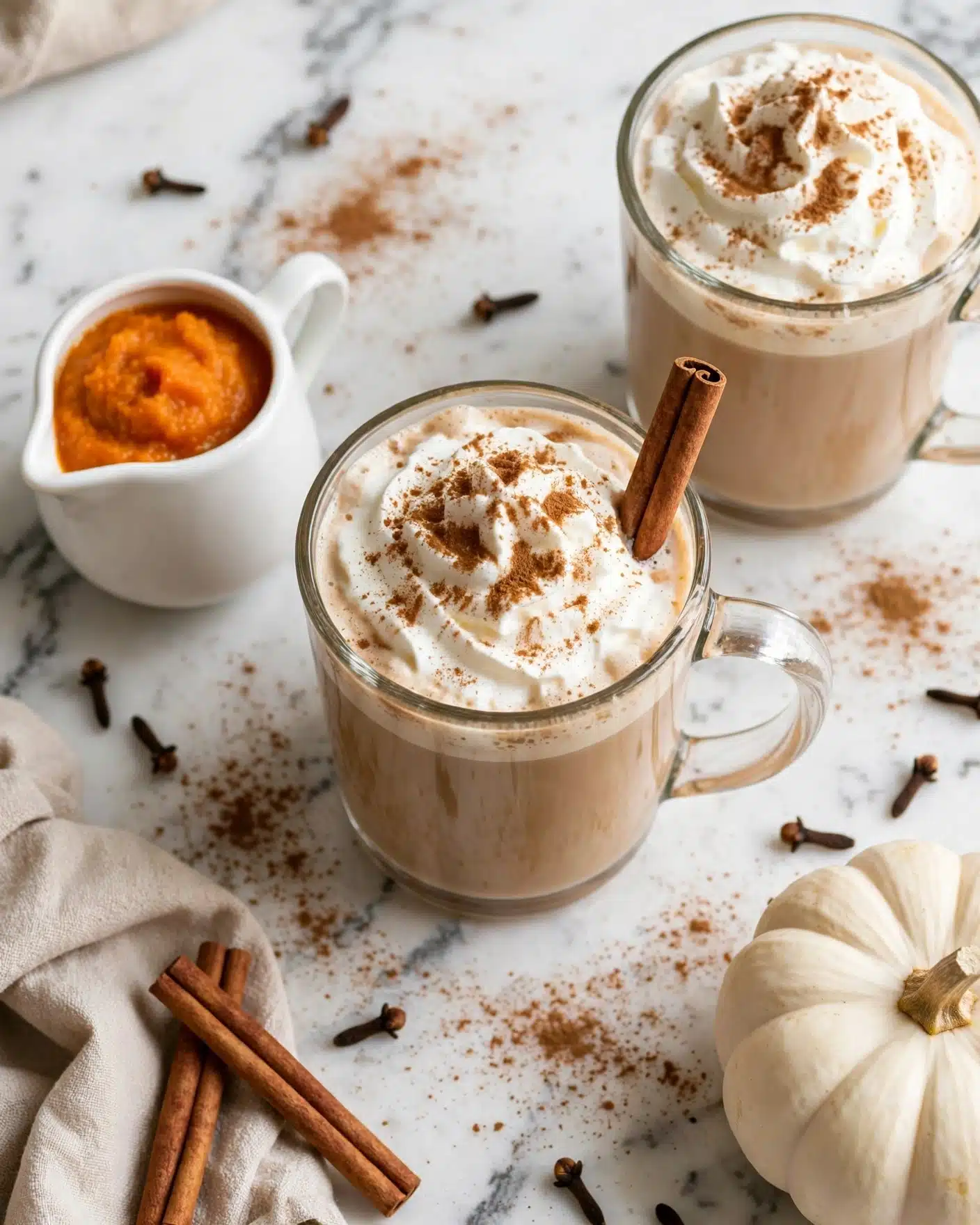 Homemade Pumpkin Spice Latte Recipe 5 The image shows a clear glass mug filled with a creamy light brown drink topped with a thick swirl of white whipped cream sprinkled with brown cinnamon powder, and a cinnamon stick placed upright on the right edge of the mug as a garnish. Next to the mug, there is a small white pitcher filled with bright orange pumpkin puree on the left, and on the top right, there is another glass mug with whipped cream and cinnamon powder. The surface is a white marbled texture scattered with cinnamon powder and whole cloves. In the bottom left corner, there are two cinnamon sticks and a beige cloth, while the bottom right corner shows a whole white pumpkin. Photo taken with an iphone --ar 4:5 --v 7