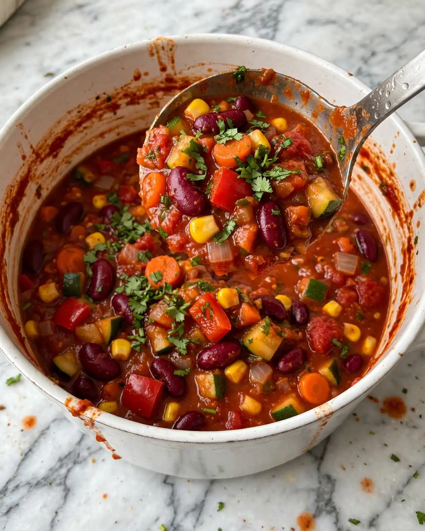 Vegetarian Chili Recipe 4 A white round pot filled with thick chili full of many colorful pieces, including dark red kidney beans, bright yellow corn, chopped red bell peppers, orange carrots, green zucchini, and fresh green herbs sprinkled on top. The chili has a rich red tomato base with visible soft chunks of tomato and onion mixed within. A large silver ladle lifts a portion of the chili, showing the chunky, stew-like texture of the dish with all the ingredients clearly seen. The pot sits on a white marbled surface with part of the pot’s rim showing tomato sauce stains. Photo taken with an iphone --ar 4:5 --v 7