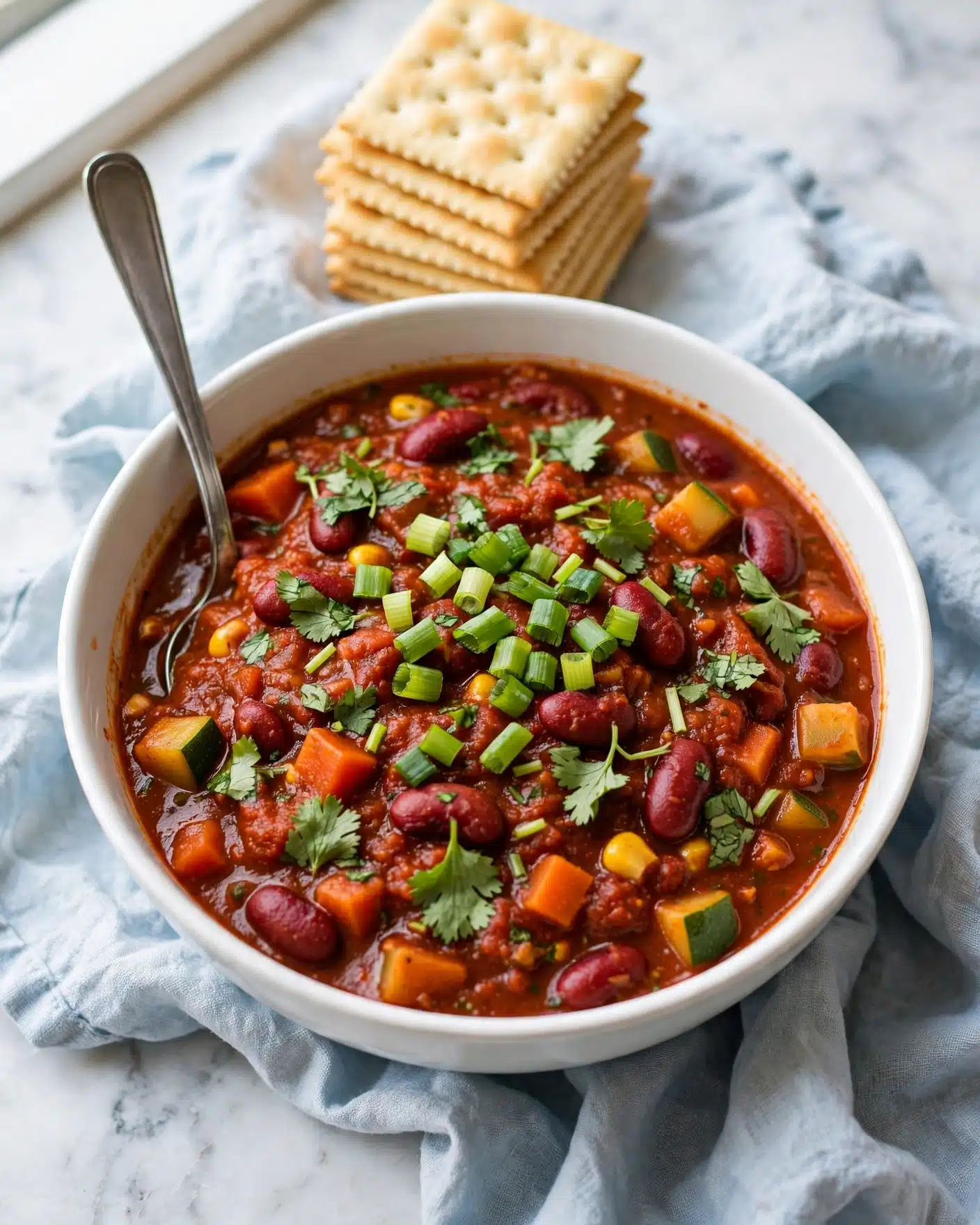 Vegetarian Chili Recipe 5 In a white bowl filled with thick vegetable stew, the top layer shows bright green chopped scallions and fresh cilantro leaves scattered over a mix of red kidney beans, orange carrot pieces, yellow corn kernels, and small green zucchini chunks in a rich red sauce. A silver spoon rests inside the bowl on the left side. Behind the bowl, there is a stack of light golden saltine crackers. The bowl sits on a soft, crumpled light blue cloth placed on a white marbled surface. Photo taken with an iphone --ar 4:5 --v 7