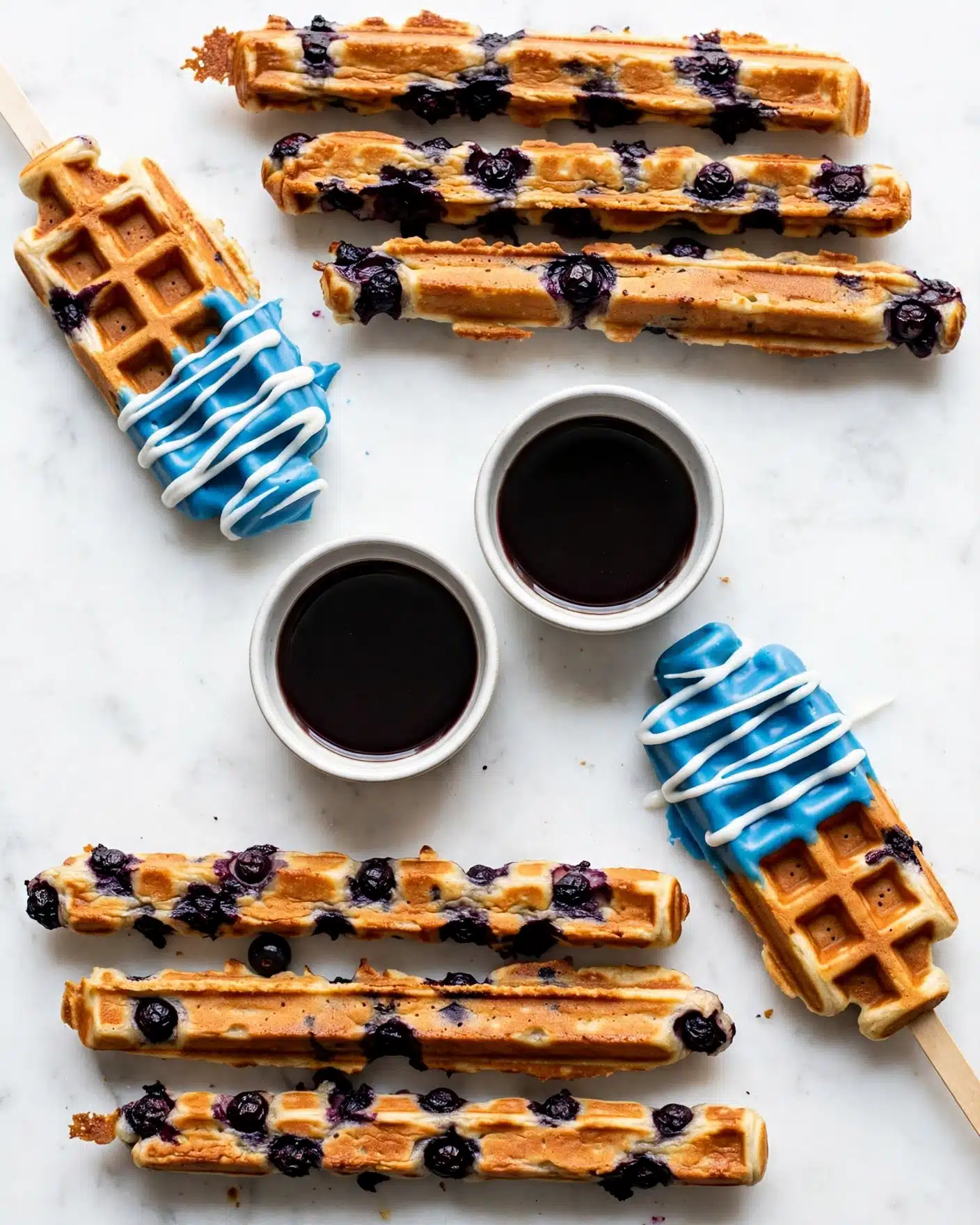 The image shows several long blueberry waffles that are golden brown with visible dark purple blueberries inside, arranged in two groups on a white marbled surface, one group at the top and another at the bottom. There are two waffles on sticks dipped halfway in blue icing with white icing drizzled on top, placed diagonally near the edges of the frame. Between the waffle groups in the center are two small white bowls filled with dark syrup or sauce. The overall look is bright and clean with the blue and white icing standing out against the light background. Photo taken with an iphone --ar 4:5 --v 7