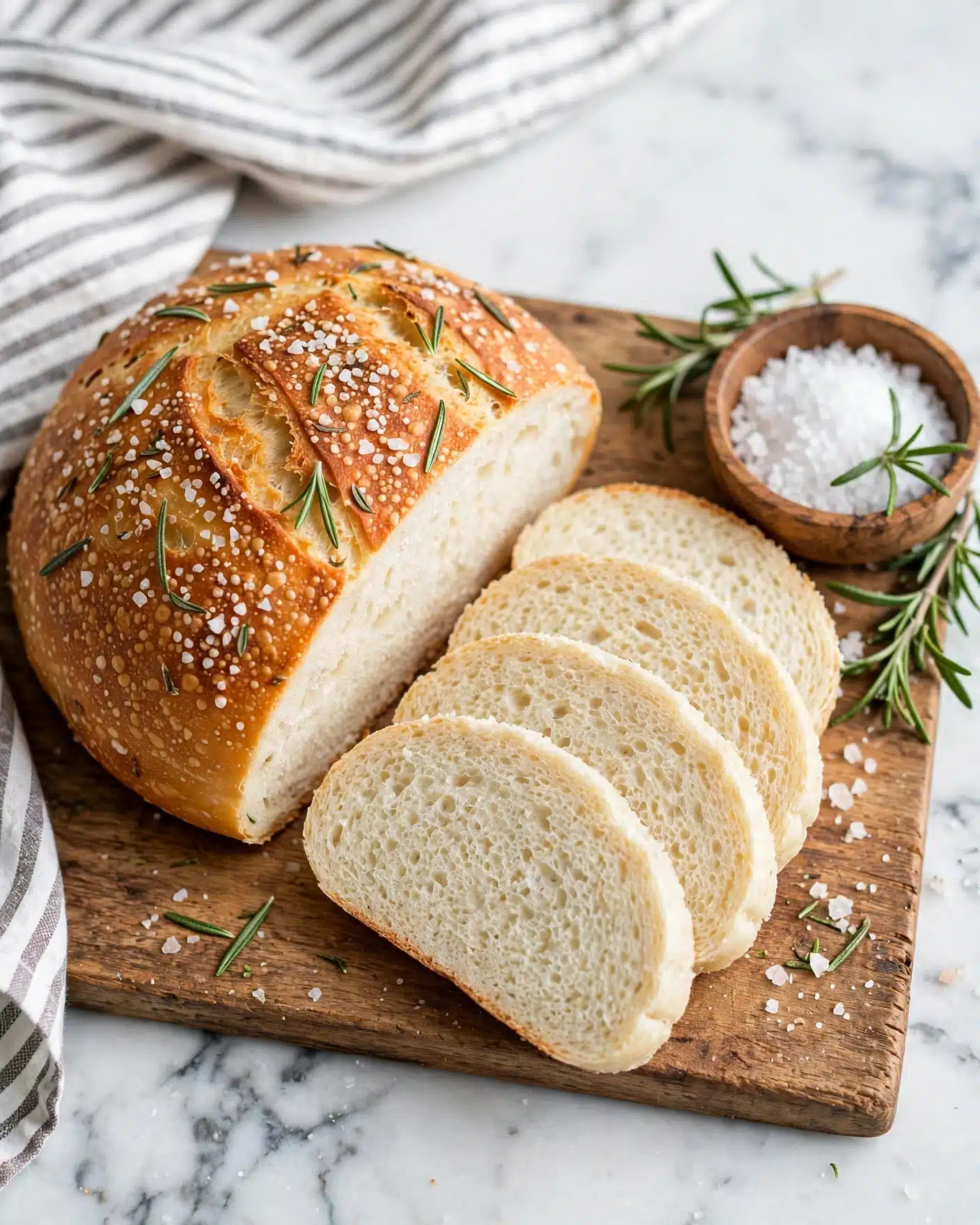 A round loaf of bread with a golden crust sprinkled with coarse salt and small rosemary leaves is placed on a wooden board. Part of the loaf is sliced into four thick pieces showing a soft, pale inside texture. Next to the bread, there is a small wooden bowl filled with coarse salt and a few fresh rosemary sprigs. A white and gray striped cloth is partially visible in the background on a white marbled surface photo taken with an iphone --ar 4:5 --v 7