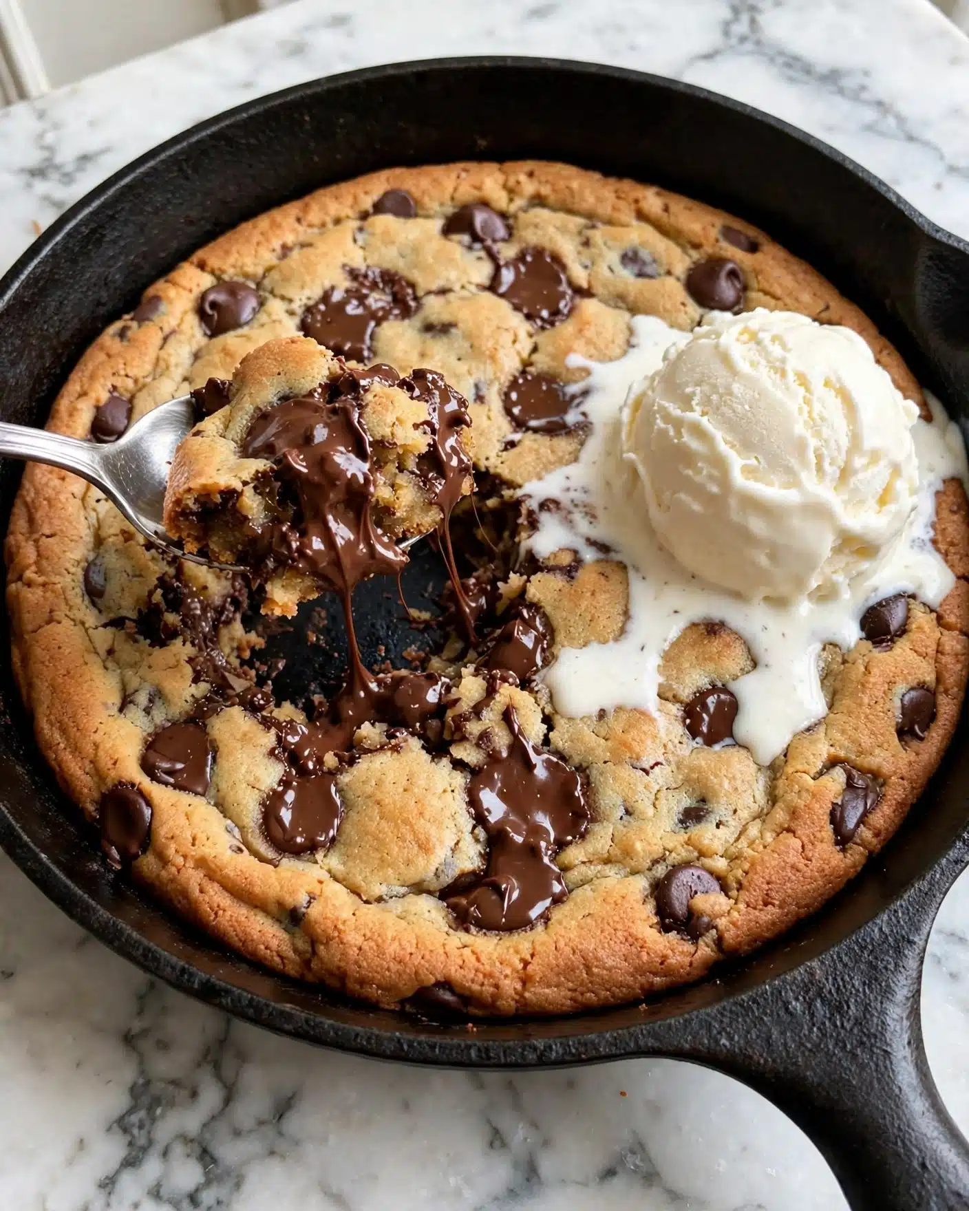 A round, thick chocolate chip cookie baked in a black cast iron skillet with a golden-brown top speckled with melted dark chocolate chips. A scoop of creamy white vanilla ice cream sits on one side, slightly melting onto the warm cookie. A silver spoon lifts a gooey, dark chocolate and soft cookie chunk from the empty spot near the center. The skillet rests on a white marbled surface. photo taken with an iphone --ar 4:5 --v 7