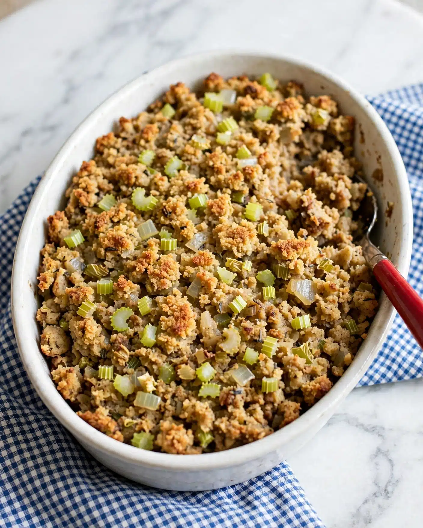 Sausage and Cornbread Herb Stuffing Recipe 5 The image shows a white oval dish filled with a browned, crumbly casserole made of multiple layers mixed tightly together. The top layer is golden with a rough texture, dotted with small pieces of light green celery and bits of cooked onions, which add some pockets of white and pale green colors throughout. The casserole has a mix of beige, brown, and green shades evenly spread, and a spoon with a red handle is resting inside the dish on the right side. The background and surface are white marbled, with a checkered blue and white cloth beneath the dish for contrast. photo taken with an iphone --ar 4:5 --v 7