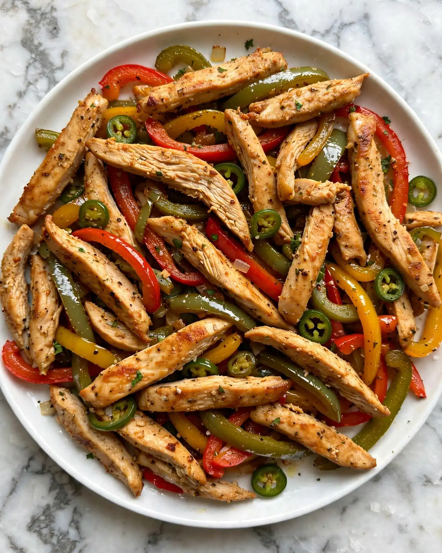 The image shows a white dish filled with several long strips of cooked chicken pieces mixed with colorful vegetables like red, green, and yellow bell peppers and slices of jalapeño. The chicken strips have a golden brown color with a slightly crisp texture, sitting on top of the sliced vegetables that are soft and shiny from cooking. The dish is arranged so that the chicken and vegetables are evenly spread out, filling the entire white dish placed on a white marbled surface. The photo taken with an iphone --ar 4:5 --v 7