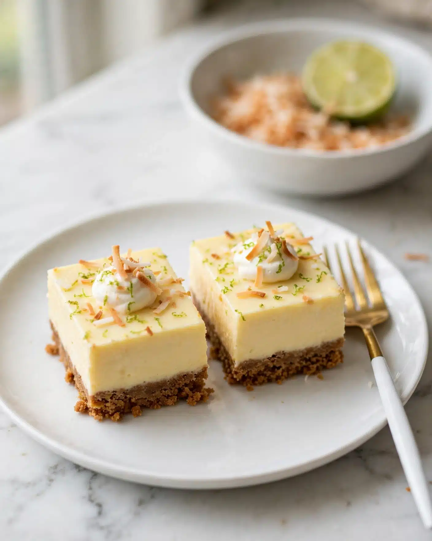 Key Lime Pie Bars Recipe 5 The image shows nine square pieces of lime bars arranged closely on a white marbled surface. Each bar has two layers: a thin, dark brown crust at the bottom and a smooth, creamy light yellow lime layer on top. Some bars are decorated with a small dollop of white whipped cream and a thin green lime wedge placed at one corner, while others have just a lime wedge. The texture of the lime layer is soft and slightly shiny, with tiny green lime zest specks scattered across the surface. The bars are neatly cut with clean edges. photo taken with an iphone --ar 4:5 --v 7