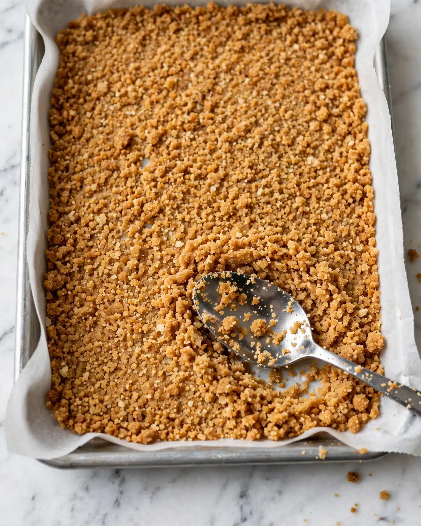 Key Lime Pie Bars Recipe 4 A rectangular metal baking pan lined with white parchment paper holds a single thick layer of golden brown crushed graham cracker crumbs, spread evenly across the surface. A shiny silver spoon is placed on the right side of the pan, partially embedded in the crumbs, with more crumbs resting in the spoon’s bowl. The pan sits on a white marbled surface, and the texture of the crumbs looks fine and slightly crumbly. photo taken with an iphone --ar 4:5 --v 7