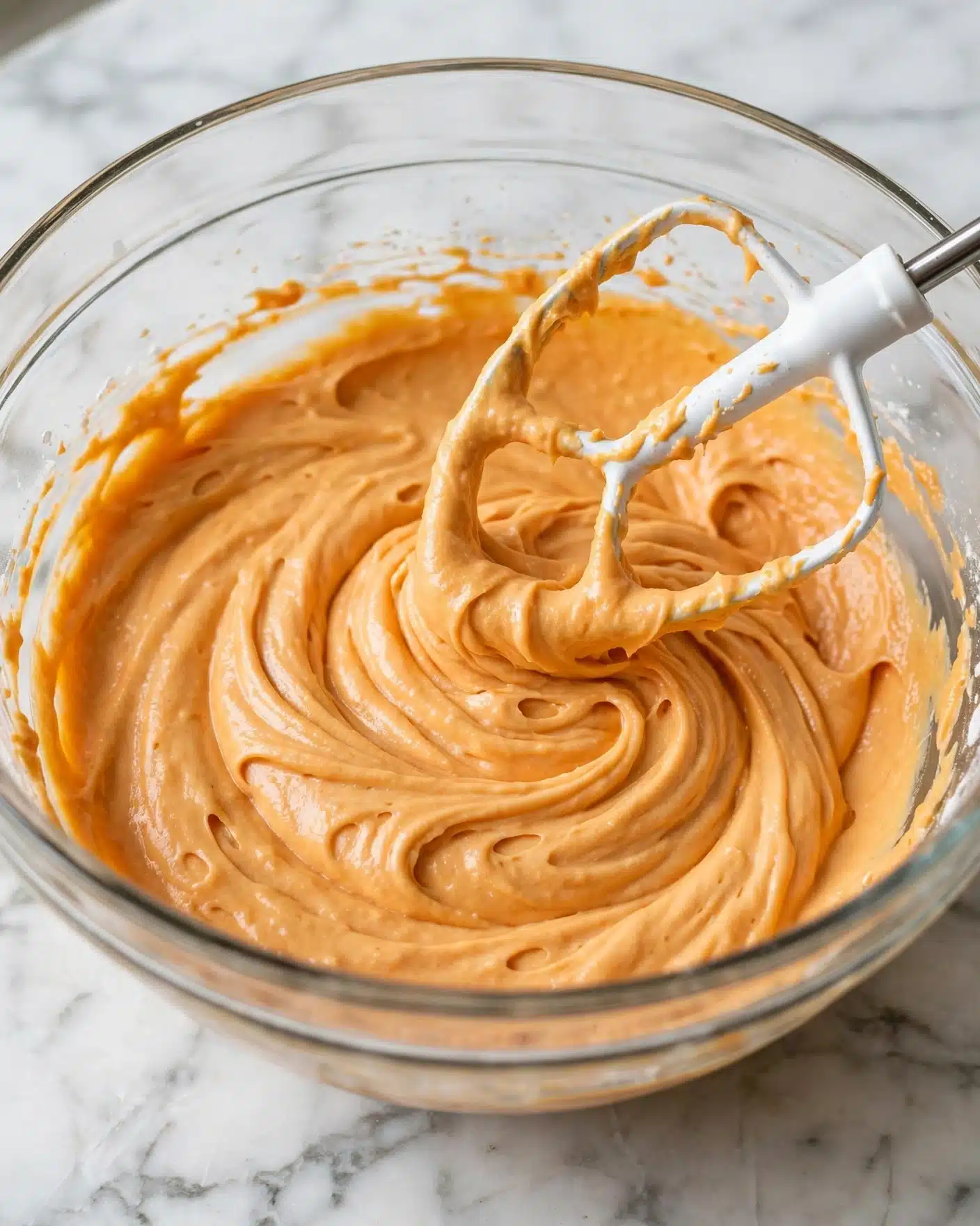 A clear glass mixing bowl filled with smooth, thick orange batter in one layer inside. The batter has a creamy texture with visible swirls and folds. A white mixer blade covered lightly in the same batter is resting inside the bowl, positioned slightly off-center. The bowl is placed on a white marbled surface. photo taken with an iphone --ar 4:5 --v 7