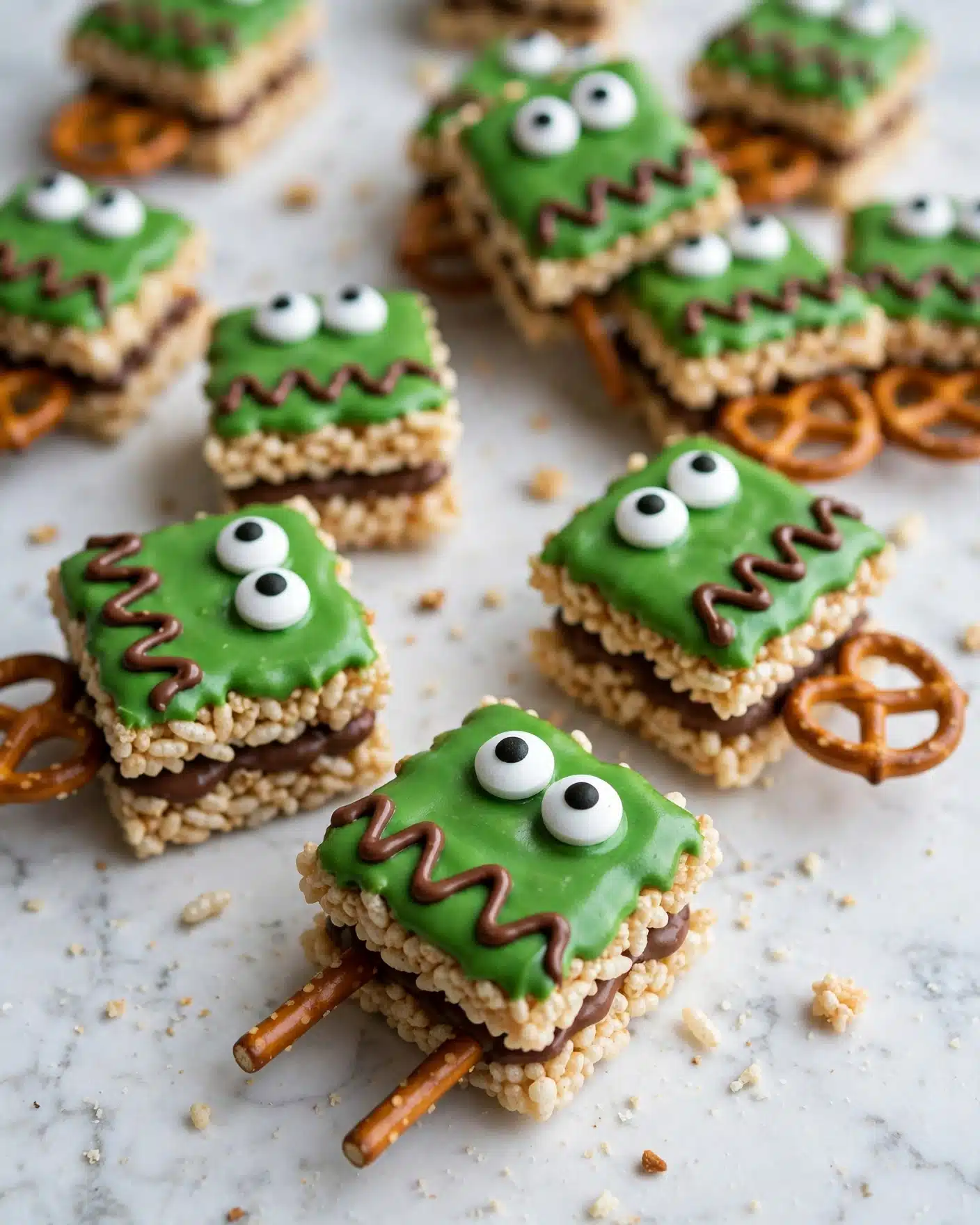 Frankenstein Rice Krispie Treats Recipe 4 The image shows a cute Frankenstein-themed treat made from a rectangular rice cereal base covered with smooth green icing that looks like skin. The top edge has a zigzag pattern made with dark brown icing to look like hair. Two round white candy eyes with black centers sit near the top middle of the green layer, giving the face a surprised look. Below the eyes, a small curved line made of brown icing forms the mouth. On each side of the treat, a small pretzel stick is placed to look like the bolts. These treats are placed on a white marbled surface arranged in an uneven pattern, and a woman's hand is gently holding one in the center. Photo taken with an iphone --ar 4:5 --v 7