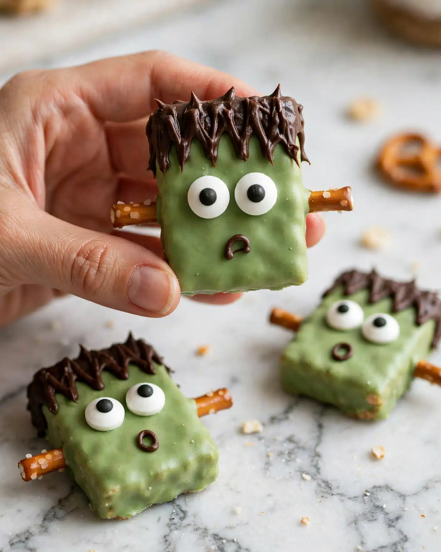 Frankenstein Rice Krispie Treats Recipe 5 The image shows several spooky green monster-shaped rice treats stacked and spread on a white marbled surface. Each treat has three layers: the bottom layer is a light beige crispy rice square, the middle layer has a brown drizzle zigzag pattern near the top, and the top layer is smooth, bright green icing covering the whole surface. On top of the icing, there are two large round white candy eyes with black centers placed near one edge. A small brown pretzel stick sticks out from the bottom layer on one side, resembling a leg. In the background, more similar treats are slightly blurred, showing the same colors and textures. photo taken with an iphone --ar 4:5 --v 7