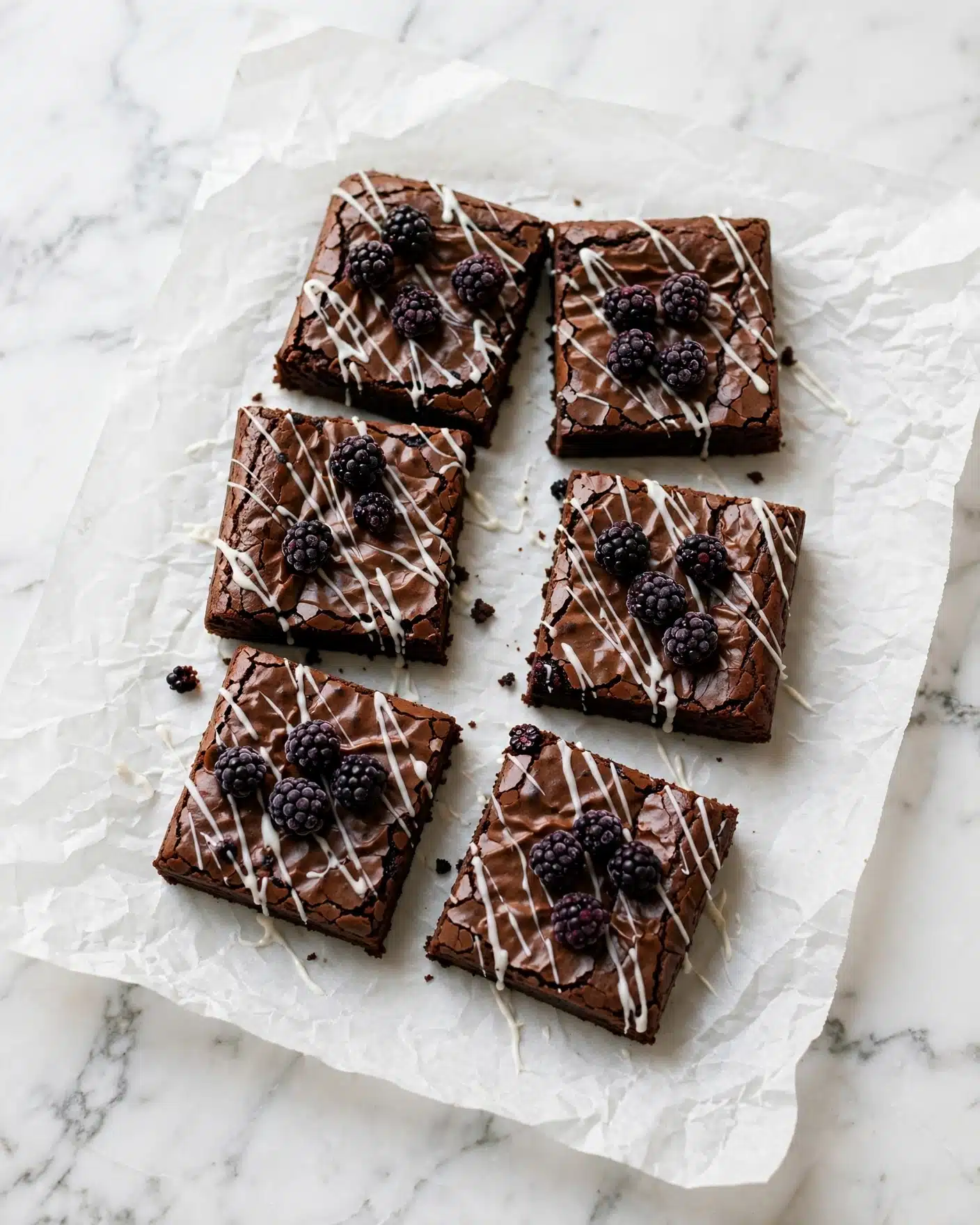 Spiderweb Brownies Recipe 5 A thick sheet of dark brown brownies is cut into 16 square pieces, each piece showing a smooth but slightly cracked top texture. Over the brownies, there are thin white spiderweb-like strands spread unevenly, creating a web effect. Small black spider-shaped decorations are placed on top, approximately one per brownie square, adding a spooky touch. The brownies rest on a white marbled surface. photo taken with an iphone --ar 4:5 --v 7