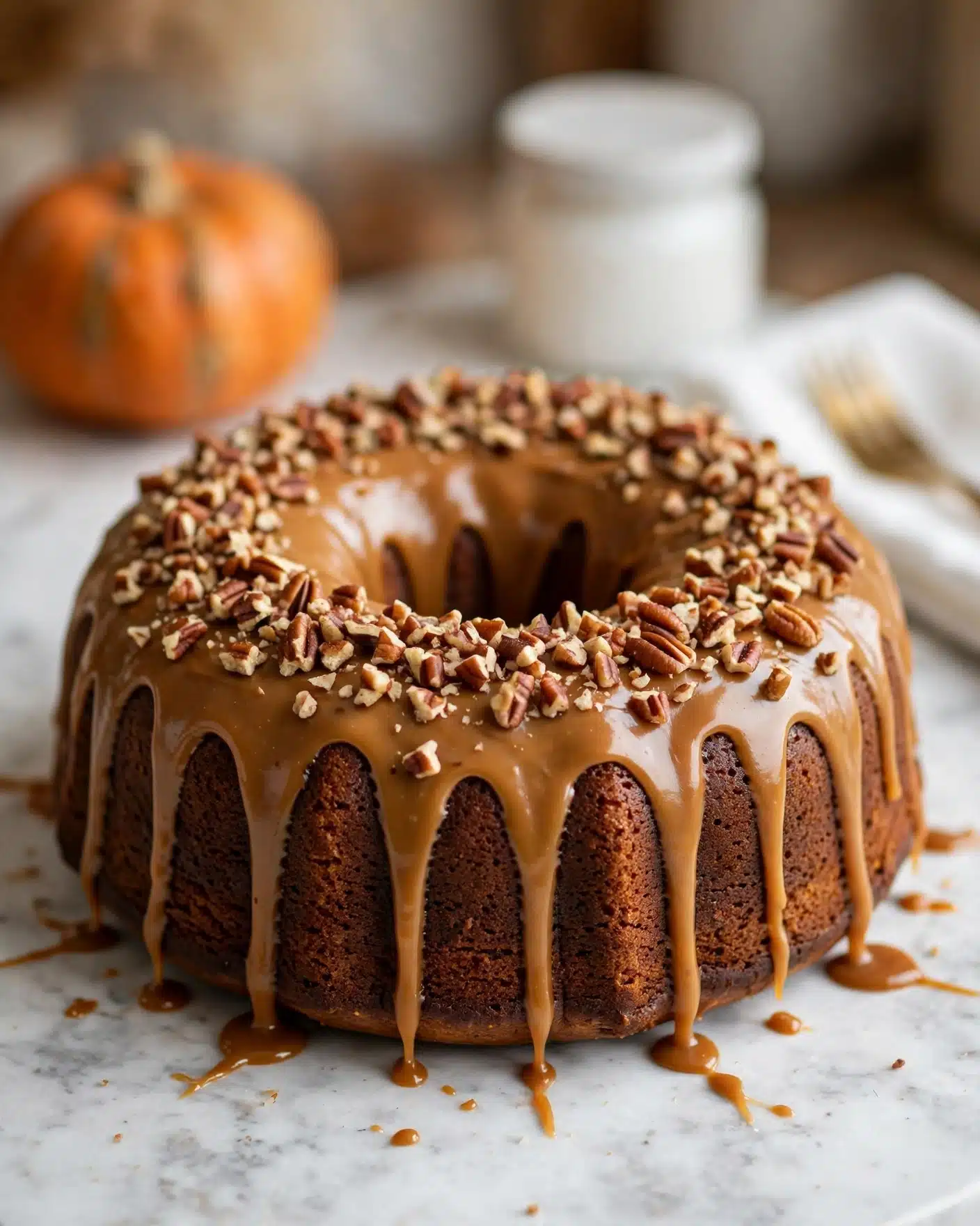 Pumpkin Bundt Cake with Spiced Pumpkin Glaze and Pecans Recipe 5 A single-layer round bundt cake with a rich brown color, sitting on a white marbled surface, is topped with thick, smooth caramel-colored icing that drips down the sides in long streaks. The icing is garnished with chopped pecans, sprinkled heavily around the top edge of the cake, creating a textured and crunchy look. In the blurred background, a small orange pumpkin, a white jar, and a golden fork on a folded white napkin add soft warm tones to the scene. photo taken with an iphone --ar 4:5 --v 7