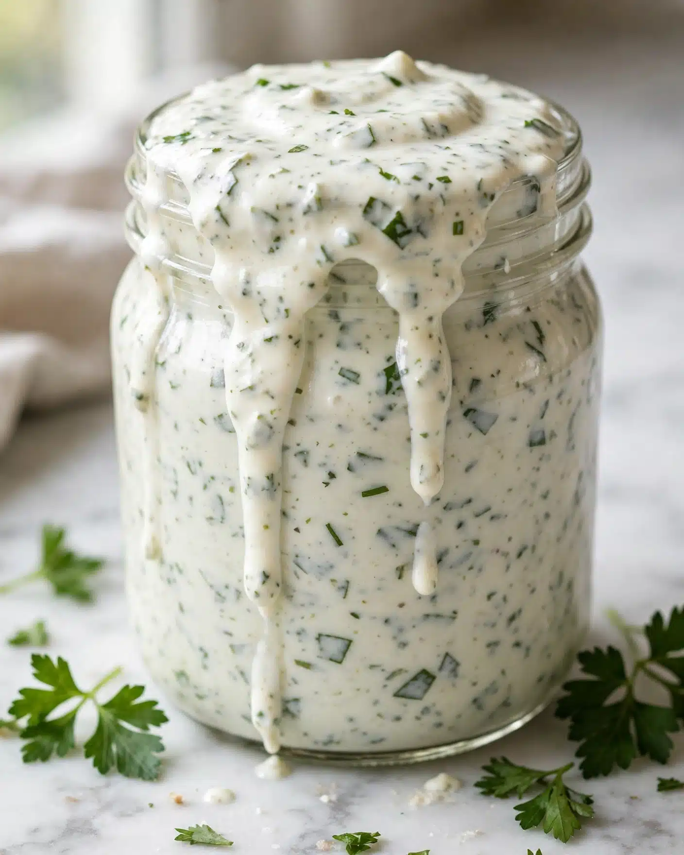 A clear glass jar filled with thick, creamy white sauce with small green herb pieces mixed in, overflowing slightly at the top with sauce dripping down the side. At the base of the jar, there are some green parsley leaves lying on a white marbled surface. Photo taken with an iphone --ar 4:5 --v 7