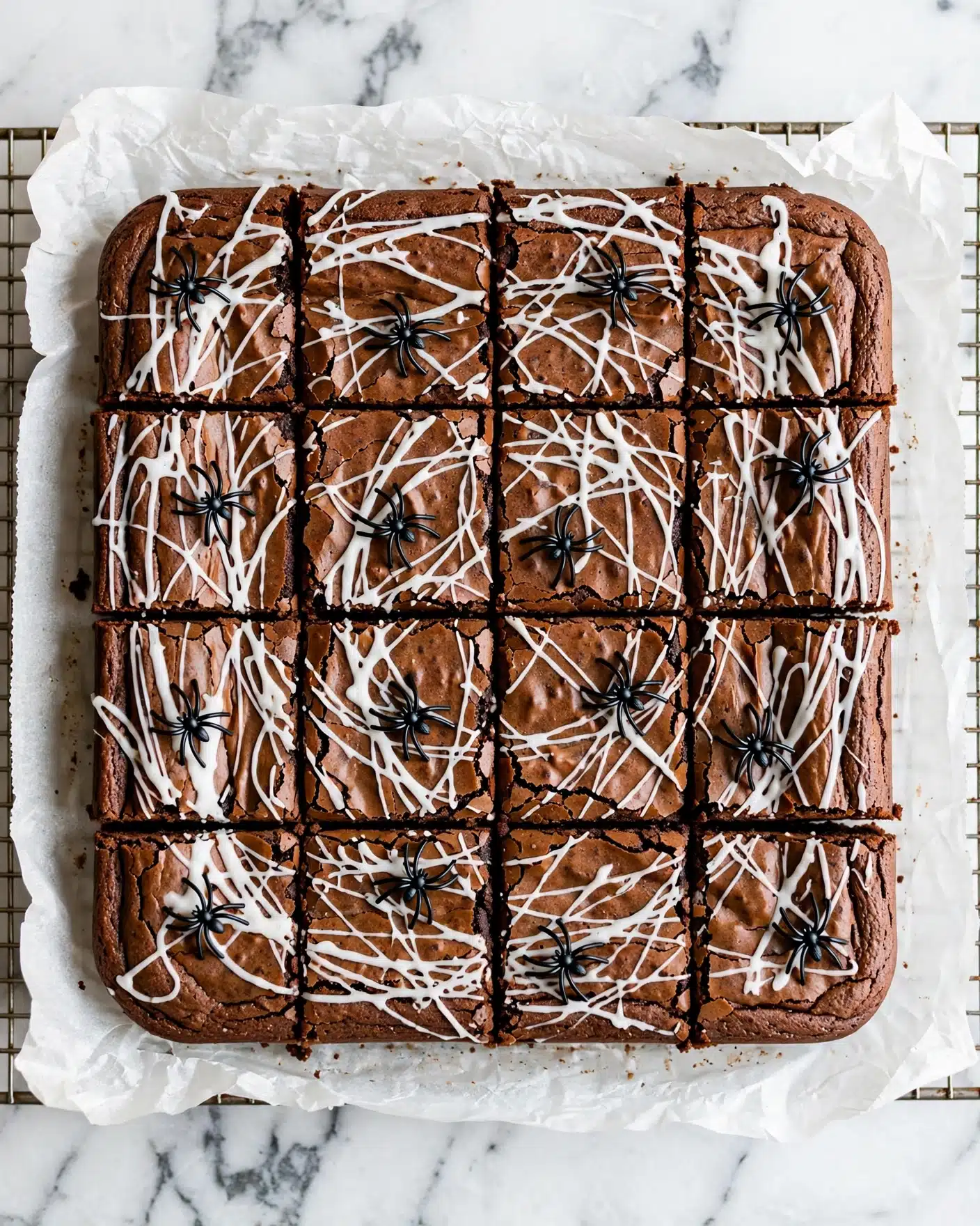 Spiderweb Brownies Recipe 4 A square brownie is cut into 16 equal pieces, showing a deep brown, slightly cracked top layer with a soft texture. White icing is drizzled over the top in messy, thin web-like lines covering most of the surface. Small black spider-shaped decorations are placed randomly on top of each piece, adding a spooky look. The brownie rests on white parchment paper over a cooling rack, all on a white marbled surface. Photo taken with an iphone --ar 4:5 --v 7
