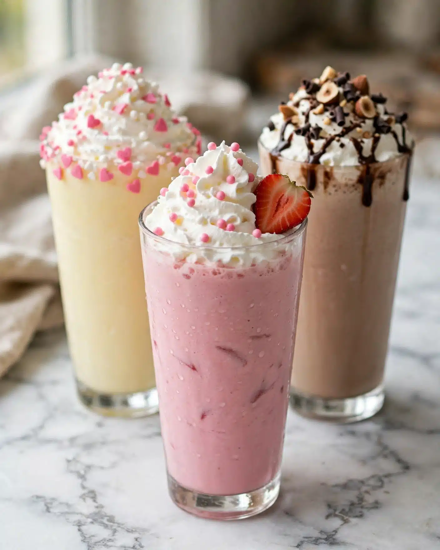 Homemade Multi-Flavor Milkshake with Whipped Cream and Toppings Recipe 5 The image shows three tall clear glasses filled with thick milkshakes, placed on a white marbled surface. The front glass holds a pink milkshake topped with a large swirl of white whipped cream, decorated with small round pink sprinkles and a half strawberry positioned on the right side of the whipped cream. Behind it to the left is a pale yellow milkshake with a high swirl of whipped cream sprinkled with white and pink round sprinkles and heart-shaped pink sprinkles around the glass rim and whipped cream. The third glass on the right contains a light brown milkshake topped with whipped cream, drizzled dark chocolate sauce, dark chocolate curls, and chopped nuts. All the glasses are clear and tall, showing the smooth creamy texture of the drinks inside. Photo taken with an iphone --ar 4:5 --v 7