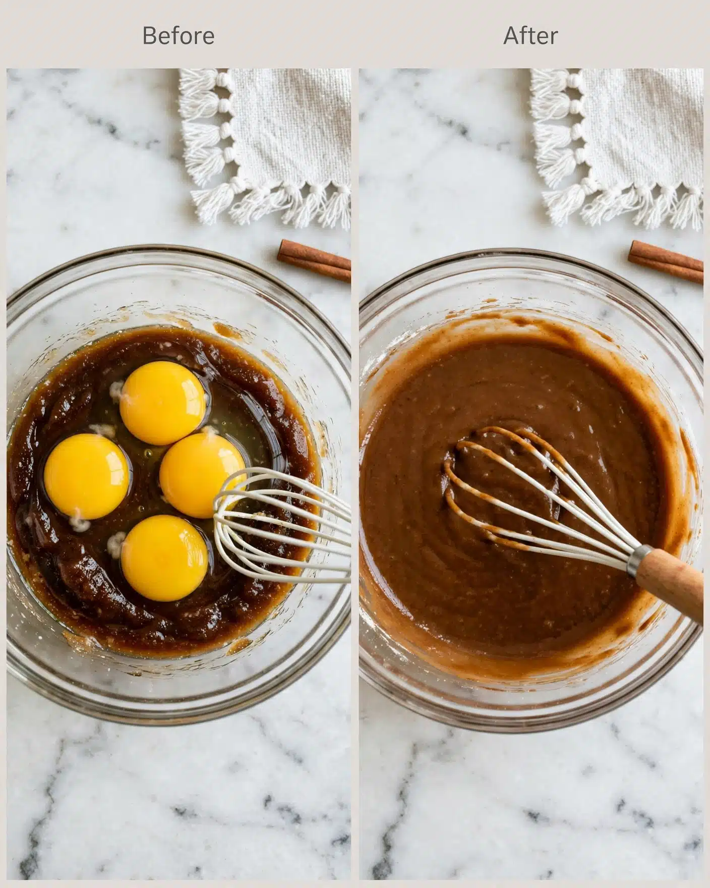 Pumpkin Bundt Cake with Spiced Pumpkin Glaze and Pecans Recipe 4 In a clear glass bowl on a white marbled surface, there are four bright yellow egg yolks sitting on top of thick, dark brown sugar and melted butter mixture; a white whisk with a wooden handle rests on the right side of the bowl. In the next image, the same bowl shows the ingredients fully mixed into a smooth, shiny, medium brown batter with the whisk inside. A cinnamon stick and fringed white cloth are placed on the top right corner in both images. Photo taken with an iphone --ar 4:5 --v 7