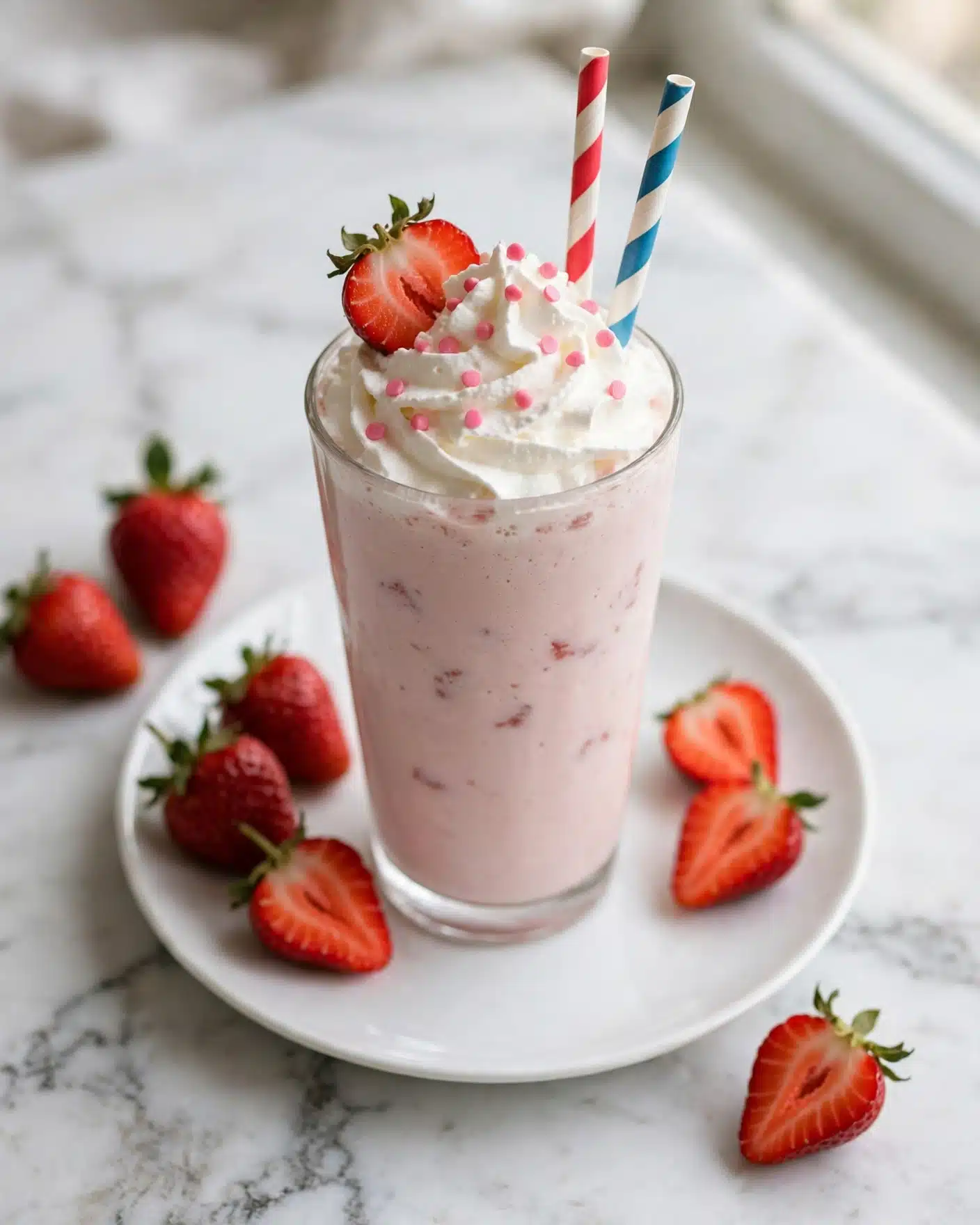 Homemade Multi-Flavor Milkshake with Whipped Cream and Toppings Recipe 4 A tall clear glass filled with a light pink strawberry milkshake topped with a large swirl of white whipped cream, decorated with small pink round sprinkles and a half strawberry placed on the cream. Two paper straws, one red and white striped and one blue and white striped, stand upright in the milkshake. The glass sits on a white plate on a white marbled surface, surrounded by whole and halved fresh strawberries. photo taken with an iphone --ar 4:5 --v 7