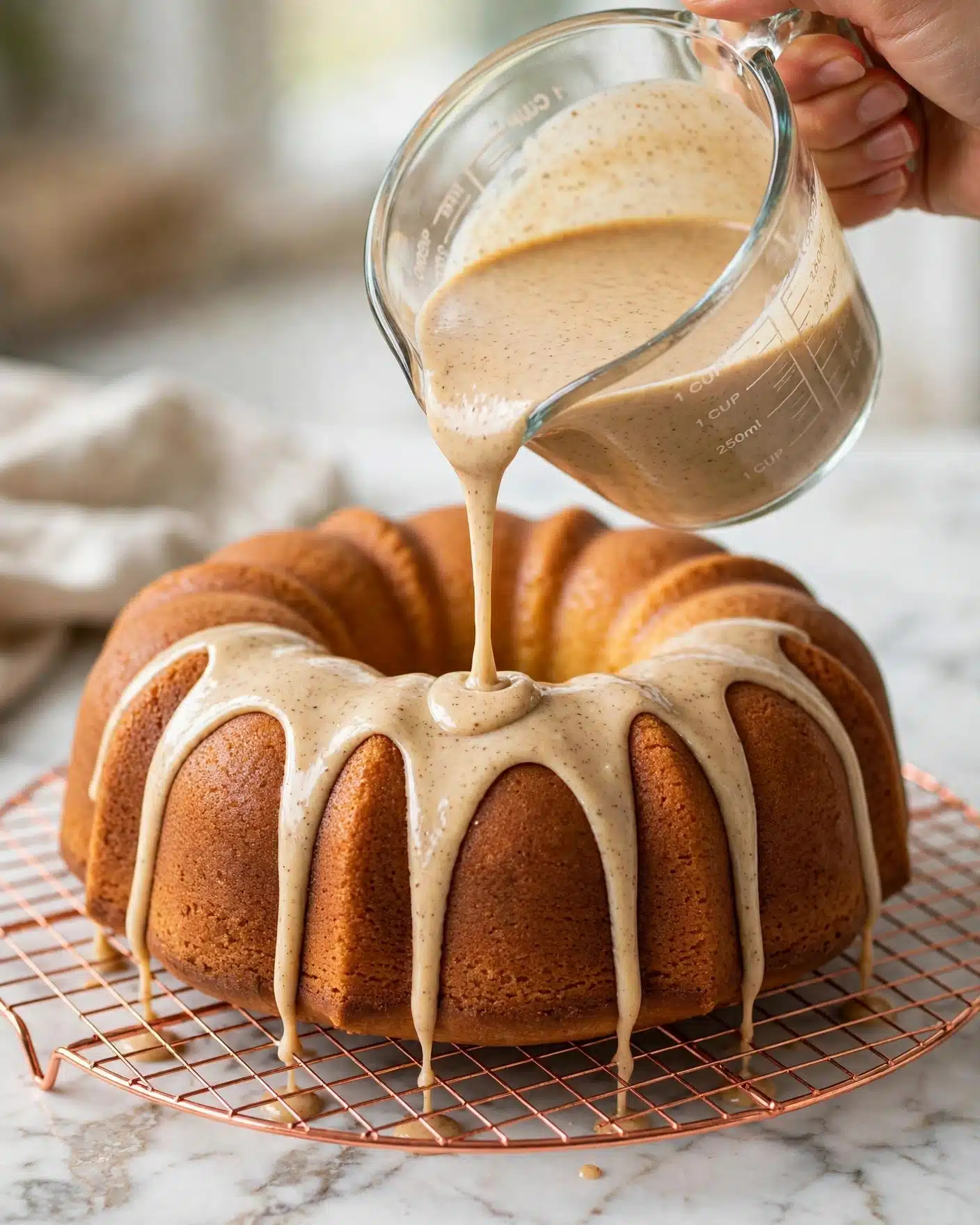 A golden brown bundt cake with a smooth texture rests on a copper wire cooling rack placed on a white marbled surface. A light tan colored glaze, thick and speckled with a fine texture, is being poured from a clear glass measuring cup held by a woman's hand onto the top side of the cake, slowly dripping down its grooved ridges. The warm tone of the cake contrasts with the creamy glaze, creating a visually pleasing finish. Photo taken with an iphone --ar 4:5 --v 7