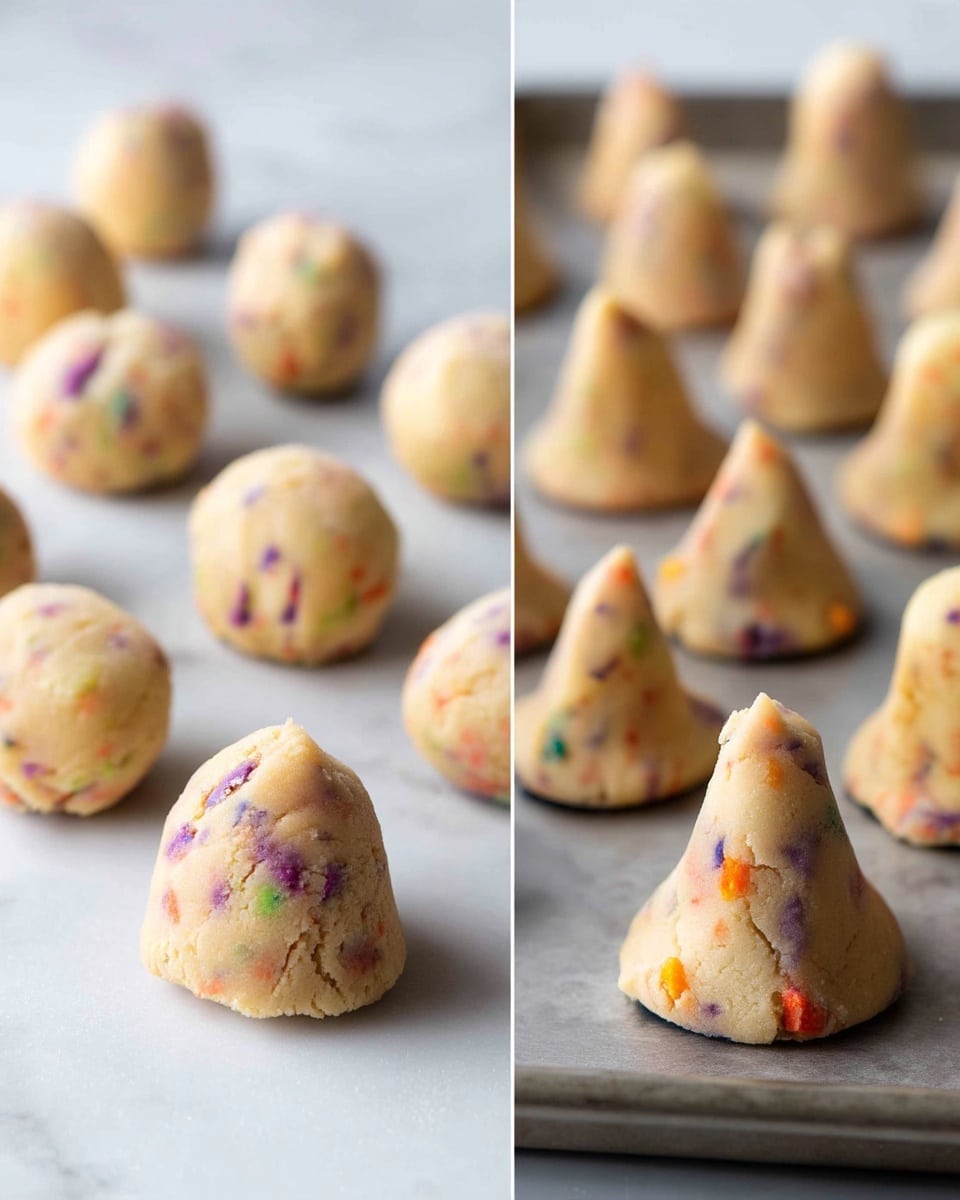 The image shows small dough pieces on a white marbled surface. On the left, there are round dough balls with small bits of orange, purple, and green mixed inside, all sitting flat. On the right, the dough is shaped like small cones with the same colorful bits showing, placed upright on a baking tray. The lighting is soft, and the texture of the dough looks smooth but slightly grainy from the small colored bits. Photo taken with an iphone --ar 4:5 --v 7
