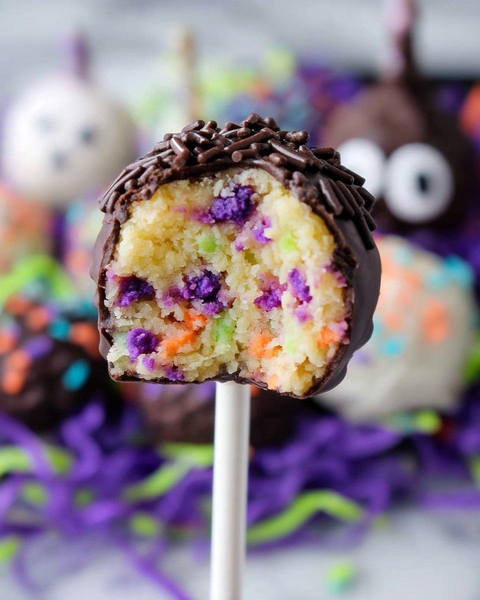 A close-up view of a cake pop on a white stick, with the lower half dipped in dark chocolate and covered with chocolate sprinkles. Inside, the cake shows a soft, crumbly texture dotted with bright purple, orange, and green spots creating a colorful look. The background features out-of-focus ghost-shaped treats in white chocolate with big white and black eyes, sitting on a bed of purple and green shredded paper, all on a white marbled surface. Photo taken with an iphone --ar 4:5 --v 7