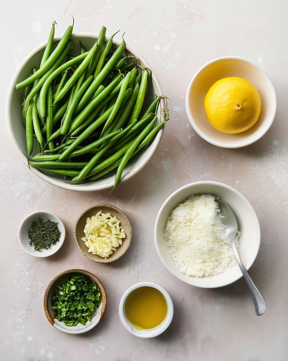 A top-down view of six white bowls and plates arranged on a white marbled surface. The largest white bowl on the left is full of fresh green beans, long and slender with smooth skins. To the right, a small white bowl holds a bright yellow lemon half with visible segments. Below that, a tiny white bowl contains finely chopped pale yellow garlic. Next to it, a medium white bowl is filled with a pile of fluffy white grated cheese with a silver spoon resting inside. Below the cheese, a small white bowl has a pile of chopped dark green herbs. Lastly, a tiny white bowl near the bottom edge holds a small pool of golden yellow olive oil. photo taken with an iphone --ar 4:5 --v 7