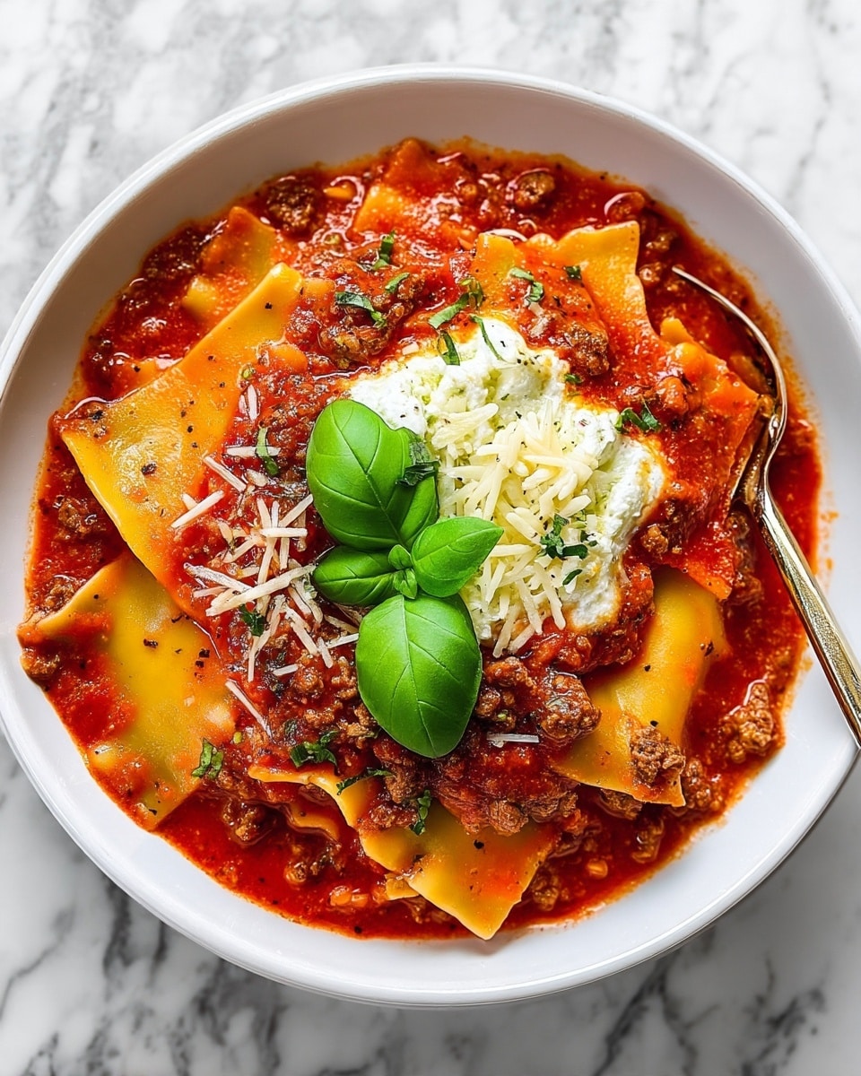 The image shows a white bowl filled with lasagna soup that has several layers visible. The bottom layer is a deep red tomato sauce with small chunks of ground meat mixed throughout. Above this, there are soft, wavy sheets of pasta that are light yellow with some slightly darker spots where they soak up the sauce. Scattered over this are creamy white patches of melted cheese that blend into the sauce. The top center has a small bunch of fresh, bright green basil leaves. On the right side of the bowl, there is a silver spoon partly submerged in the soup, resting against the edge of the bowl. The bowl is placed on a white marbled surface, and a light cream-colored cloth is beside it. Photo taken with an iphone --ar 4:5 --v 7