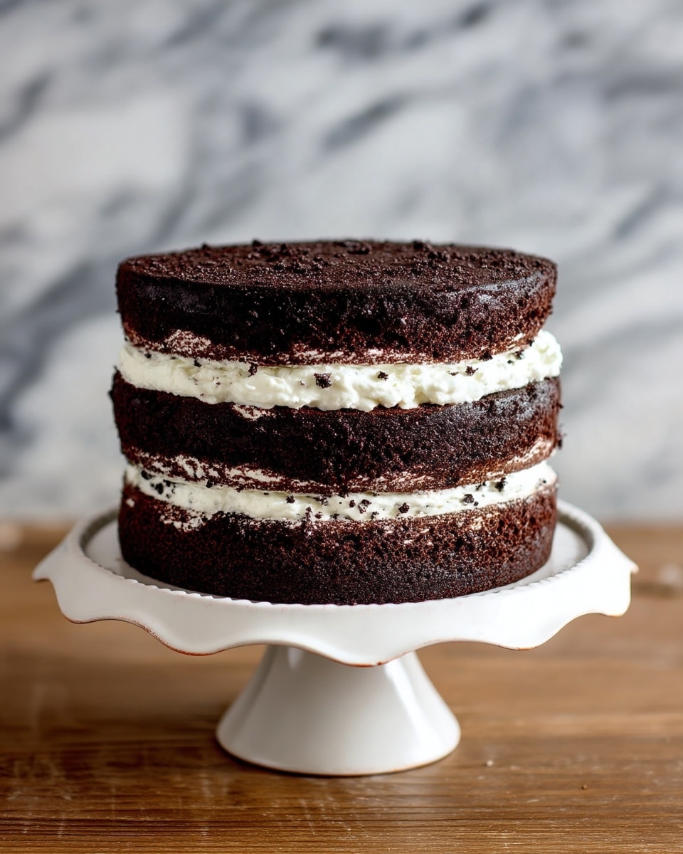 The image shows a three-layer dark chocolate cake with two thick layers of white cream filling between each cake layer. The cake has a rough texture on the outside and sits on a white ceramic cake stand with a wavy edge. The surface beneath is a wooden table with a white marbled background behind it. The cake looks simple, with no decoration on top. photo taken with an iphone --ar 4:5 --v 7