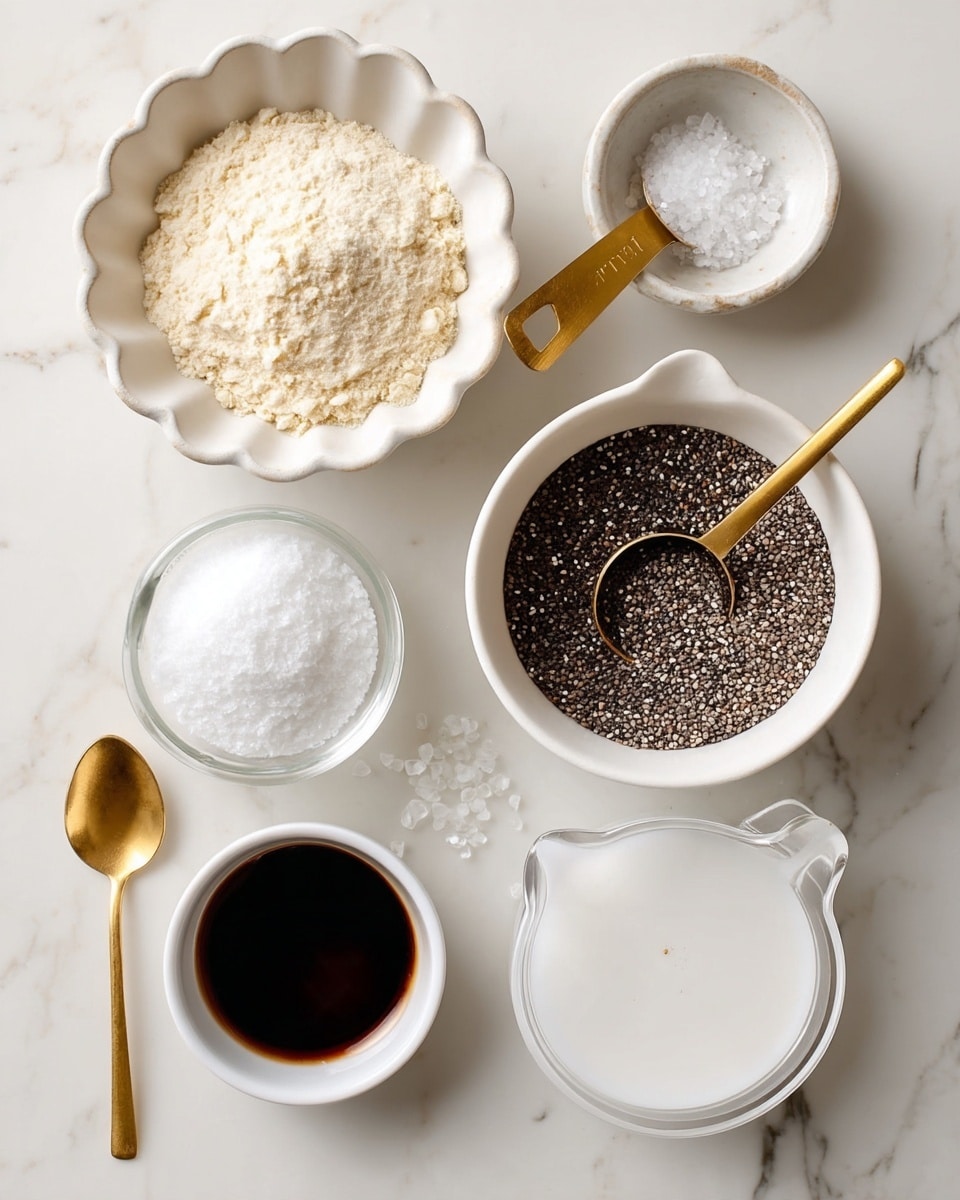 The image shows six small white bowls arranged on a white marbled surface, each holding different ingredients. From top left to bottom right: a scalloped bowl filled with fine light beige powder with a gold measuring spoon resting beside it; a medium round bowl filled with tiny black and white seeds with a gold measuring spoon half buried inside; a small round bowl with dark brown liquid; a small round bowl with white granulated salt; a small white pitcher filled with white liquid; and a larger round measuring cup filled with clear liquid. Scattered salt granules and the gold spoons add detail to the simple and clean setup. Photo taken with an iphone --ar 4:5 --v 7