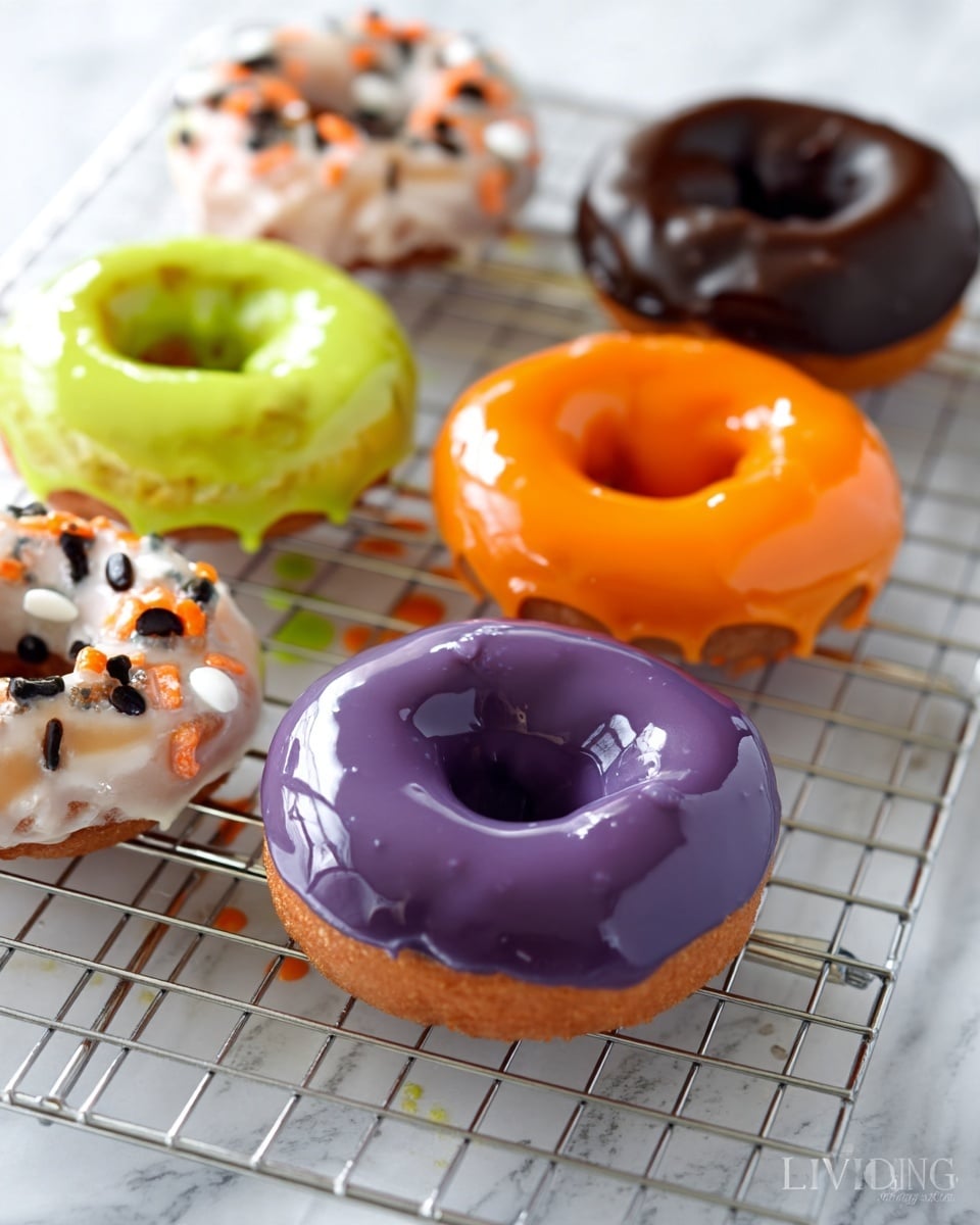 The image shows a group of seven donuts on a silver wire rack over a white marbled surface. In the front, there is a donut with smooth, shiny purple glaze fully covering the top. Just behind it to the left, there is a donut with bright green glaze dripping slightly off the edges. To the right of the green one, there is a donut coated in glossy dark chocolate glaze. Behind the chocolate one is a plain donut with a pale translucent glaze. To the left of the plain one, there is a donut with white glaze topped with orange and black sprinkles. Behind that is a donut partially visible with green glaze. There are two more donuts with shiny orange glaze, one near the front left and another near the back right. The overall look is colorful with smooth, glossy glazes. photo taken with an iphone --ar 4:5 --v 7