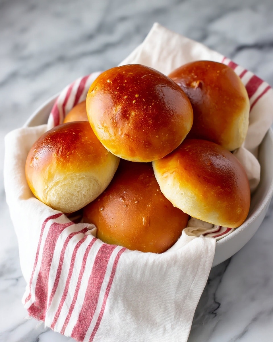 The image shows a white bowl lined with a white cloth that has red stripes, filled with six shiny golden brown buns. The buns are round with smooth tops, some slightly overlapping each other, and have a soft texture visible on the sides. The bowl is placed on a white marbled surface, with one bun partially visible outside the bowl on the marbled surface. Photo taken with an iphone --ar 4:5 --v 7