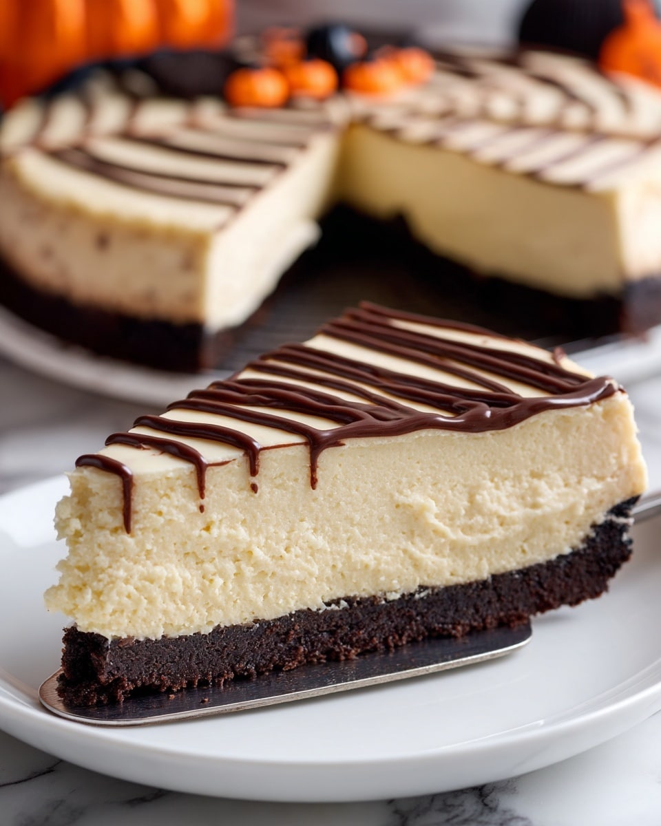A slice of creamy cheesecake with two layers is shown close up. The bottom layer is a dark brown, crumbly cookie crust, while the top layer is thick and smooth, light beige in color. The top of the cheesecake has even, dark brown zigzag lines of chocolate sauce across it. The slice is on a white cake server in front of the rest of the cheesecake, which shows the same layers and decoration. The background is a white marbled surface with blurred orange and black Halloween decorations. photo taken with an iphone --ar 4:5 --v 7