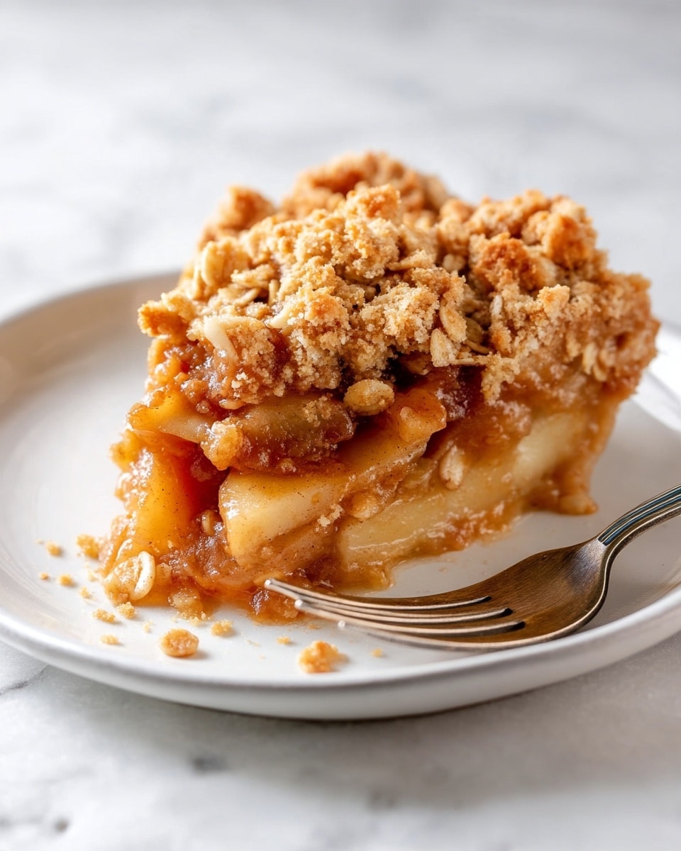 A close-up of a dessert slice on a white plate placed on a white marbled surface. The dessert has two main layers: the bottom soft, cooked apple filling with a golden brown caramel look and some apple slices visible, topped with a thick, crumbly, light brown oat topping with small oat flakes and crumbs scattered unevenly over and around the slice. To the right of the slice, a silver fork with a detailed handle lies on the plate. Photo taken with an iphone --ar 4:5 --v 7