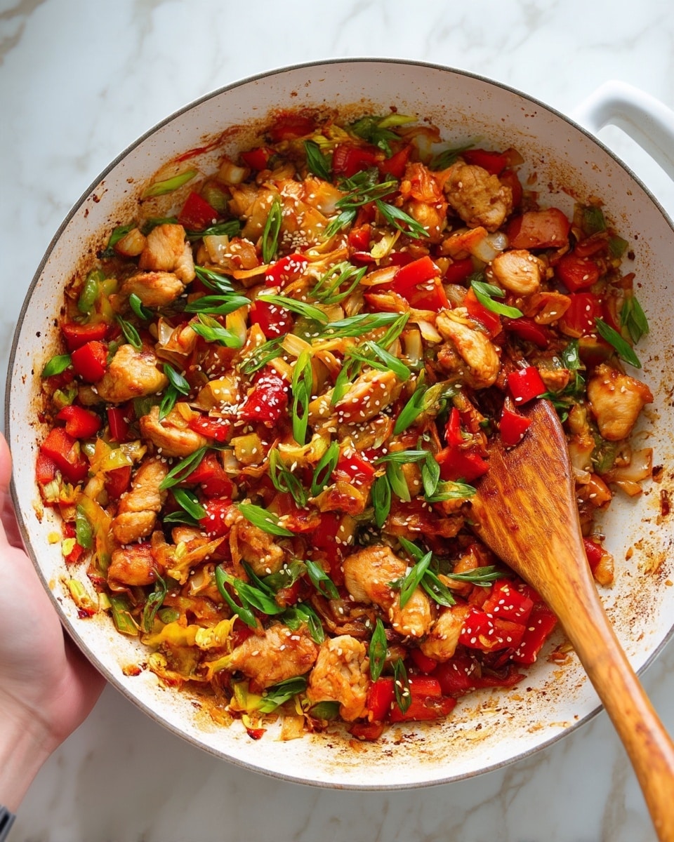 A large round pan filled with a colorful stir-fry dish, showing several layers: the base consists of light brown cooked chicken pieces mixed with soft yellow cabbage, above which are bright red bell pepper chunks. Scattered green onion slices add a fresh contrast, while small white sesame seeds sprinkle the top. A wooden spatula partly stirs the mix inside the pan. The pan itself sits on a white marbled surface, and a small bowl of sesame seeds is in the top left corner. Photo taken with an iphone --ar 4:5 --v 7