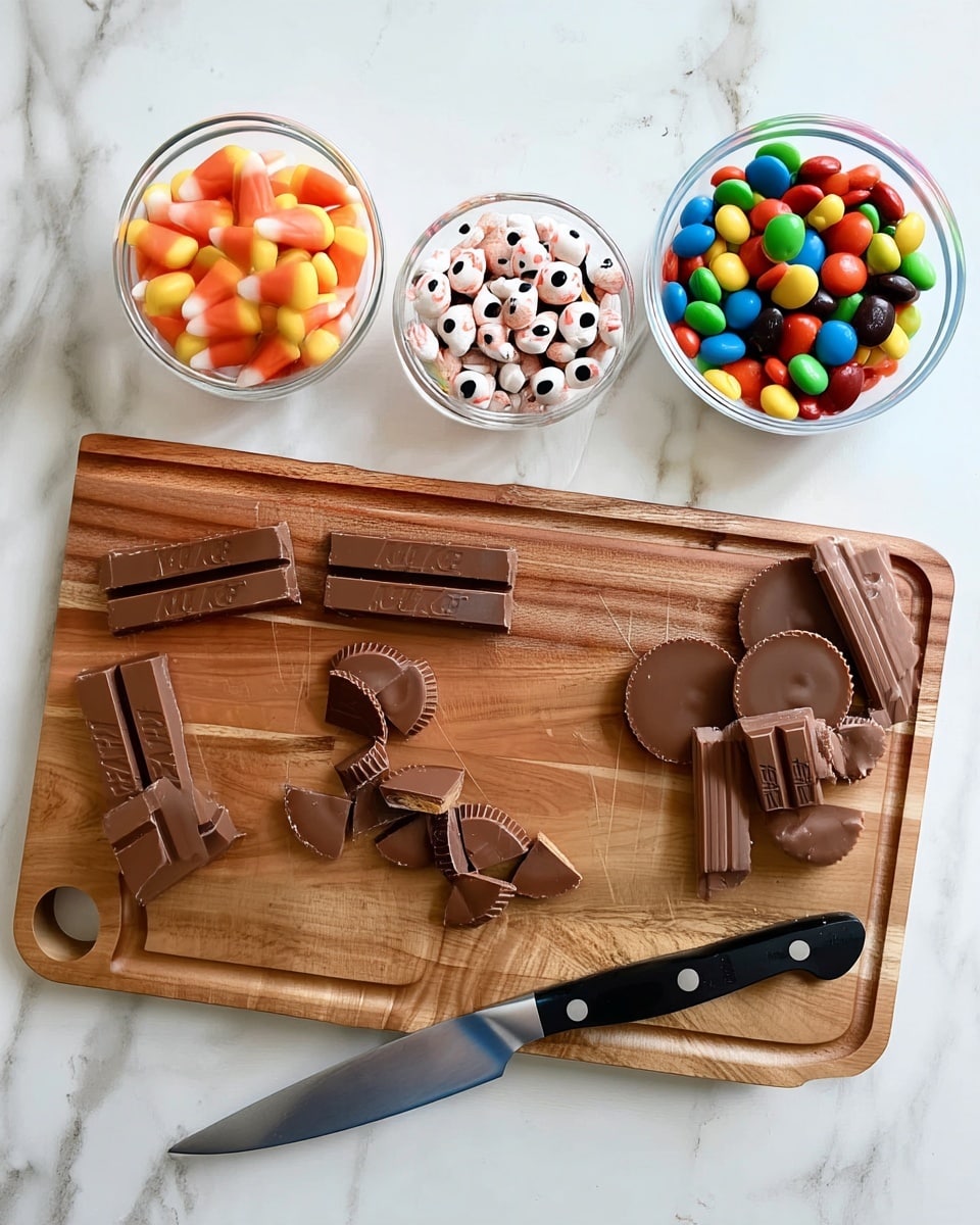 The image shows a wooden cutting board with several pieces of chocolate on it, including broken and whole Kit Kat bars on the left side, and whole and quartered chocolate peanut butter cups on the right side. A black-handled knife rests diagonally at the bottom right of the board. Above the cutting board, there are three small clear glass bowls placed on a white marbled surface; the left bowl contains orange, yellow, and white candy corn, the middle bowl has white eyeball-shaped candies with red speckles and black centers, and the right bowl holds colorful round candies resembling M&M’s in red, green, blue, yellow, and brown. Photo taken with an iphone --ar 4:5 --v 7