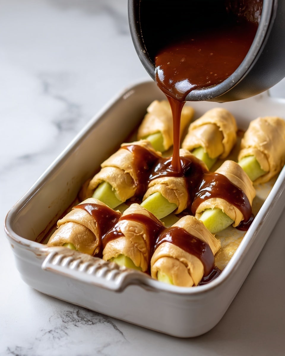 The image shows a white ceramic baking dish filled with rows of pastry-wrapped pieces, each with a green pickle sticking out from one end. A dark brown sauce is being poured from a black saucepan over the pastries, covering some of them in a smooth layer. The pastries are golden brown and have a slightly flaky texture. The dish sits on a white marbled surface. The focus is on the sauce pouring and the contrast between the light pastries and dark sauce. Photo taken with an iphone --ar 4:5 --v 7