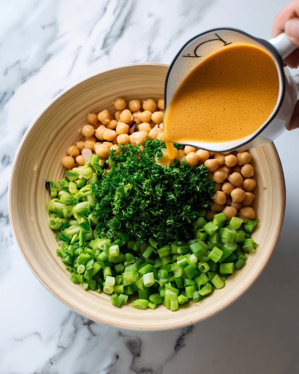 A white bowl with a smooth, light wood texture holds four main layers of ingredients: a base of light beige chickpeas, a layer of bright green chopped celery, a pile of finely chopped dark green herbs in the center, and a section of chopped green onions. A woman's hand on the right side of the image is pouring a creamy, rich orange dressing from a white measuring cup with a black rim toward the bowl. The bowl is placed on a white marbled surface. photo taken with an iphone --ar 4:5 --v 7