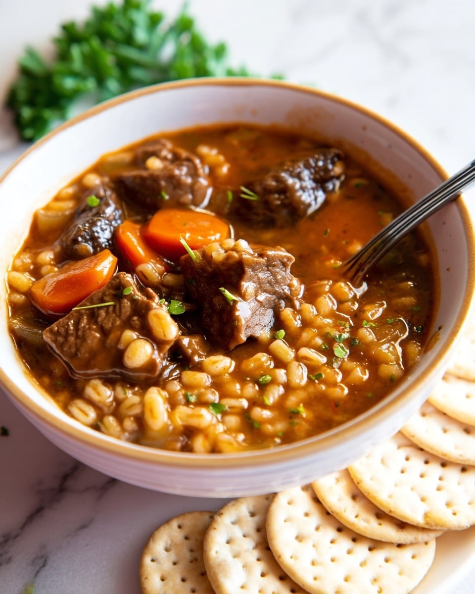 A white bowl filled with thick beef stew showing three visible layers: the bottom layer is a rich, brown broth with small grains of barley, the middle layer has chunks of dark brown beef pieces with a textured surface, and the top layer features bright orange carrot slices and small green herb bits sprinkled around. A silver spoon is placed inside the bowl near the right edge, resting against the bowl's rim. On the white marbled surface beside the bowl are plain round crackers arranged overlapping each other. The background is softly blurred with green leafy vegetables in the upper left corner. Photo taken with an iphone --ar 4:5 --v 7
