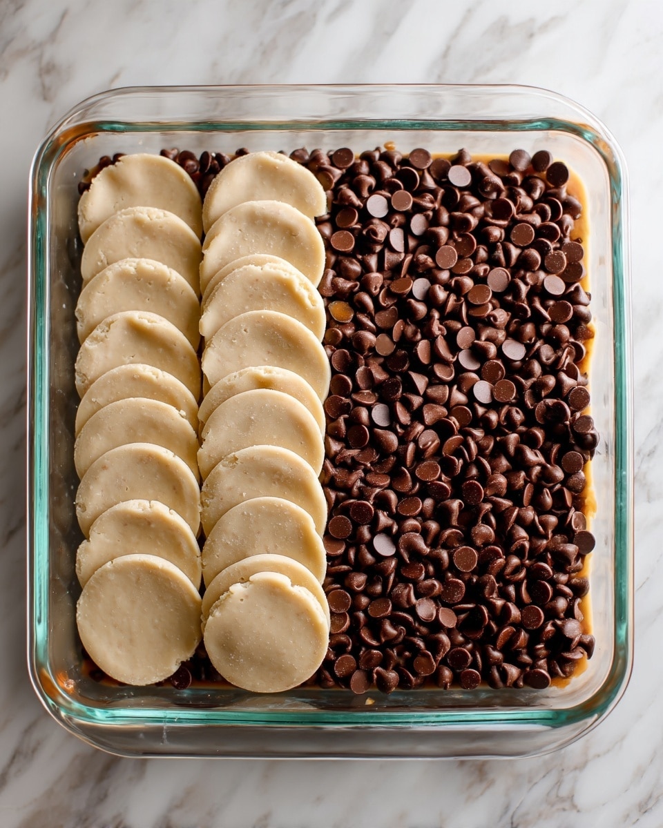The image shows a glass baking dish filled halfway with a layer of chocolate chips on the right side, their rich dark brown color and smooth round shapes clearly visible. The left side of the dish has overlapping round dough pieces, pale beige in color with a soft and slightly rough texture, arranged in neat rows covering part of the chocolate chip layer. The dish is placed on a white marbled surface, and the overall look contrasts the dark chocolate chips and light dough pieces. Photo taken with an iphone --ar 4:5 --v 7