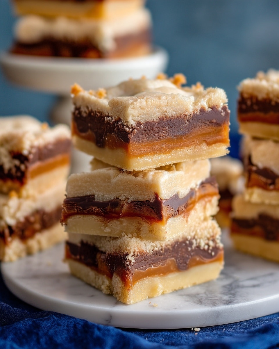 The image shows several square bars, each with three layers. The bottom and top layers are light beige, crumbly cookie-like dough with a slightly rough texture. The middle has two layers: a dark brown chocolate layer just above the bottom cookie layer and a sticky golden caramel layer above the chocolate. One bar is broken in half, showing caramel stretching between the pieces. The bars are placed on a dark blue cloth, resting on a white marbled surface. Photo taken with an iphone --ar 4:5 --v 7