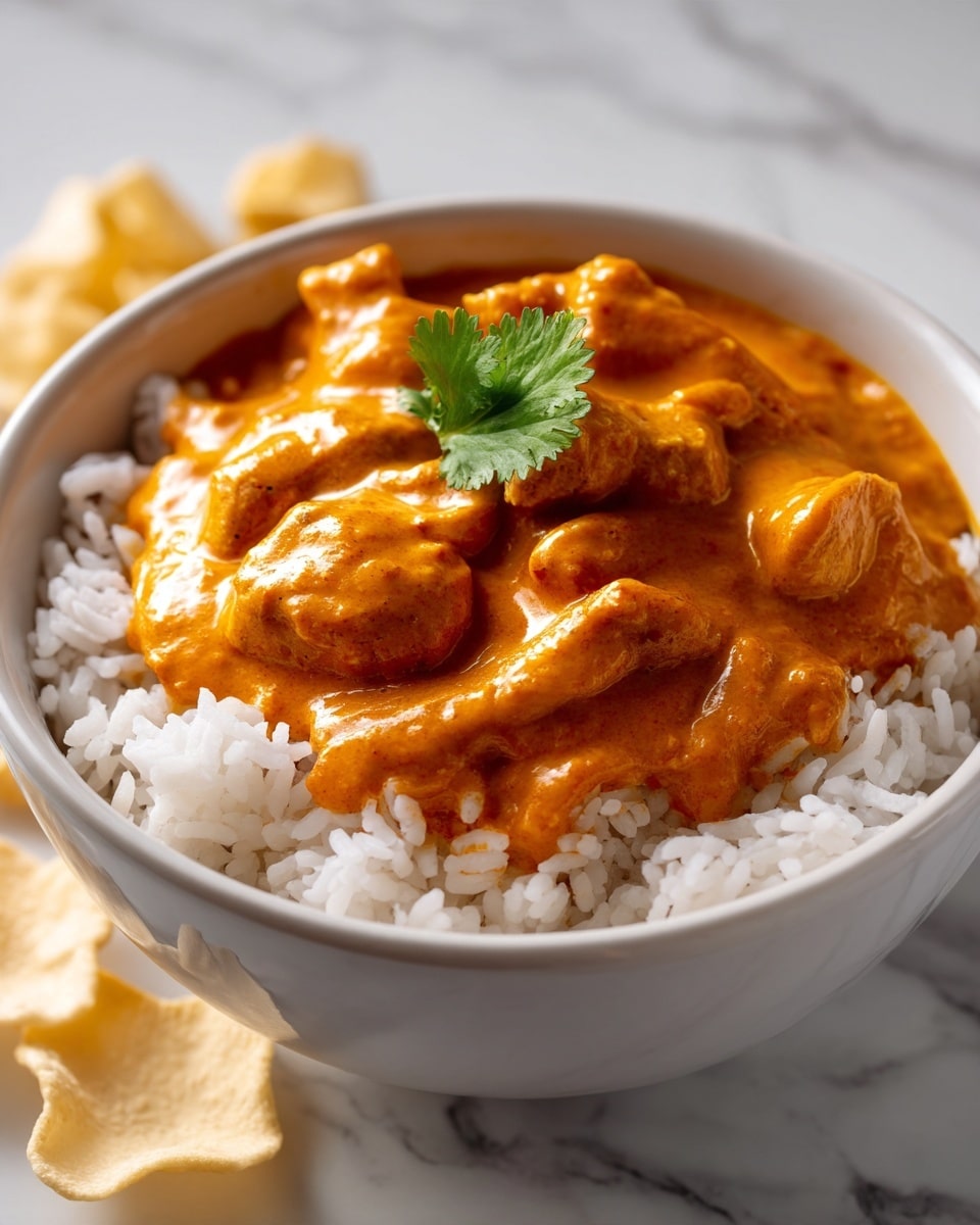 A close-up of a round brass bowl filled with creamy orange curry with chunks of meat in a thick sauce, garnished with a few green cilantro leaves on top, and two pieces of grilled naan bread dipped into the curry, showing light brown grill marks on the white flatbread. Behind the bowl, there is a blurred brass plate holding more pieces of naan, all placed on a dark textured surface. photo taken with an iphone --ar 4:5 --v 7