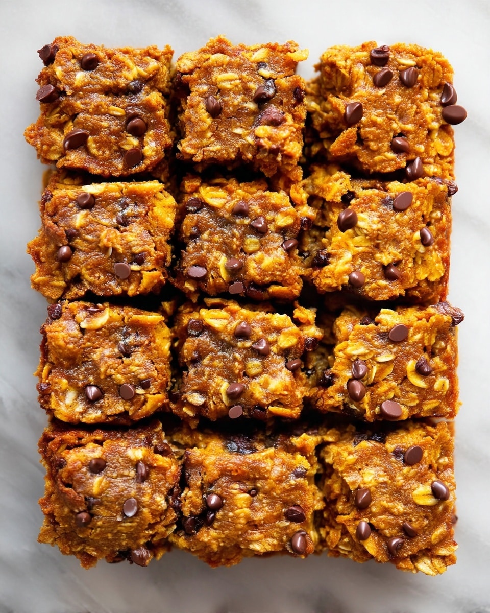 A stack of three thick, square oat bars sits on light brown parchment paper over a white marbled surface. Each bar shows a textured mix of golden-brown oats with scattered dark chocolate bits and lighter nut pieces inside. The bars look soft but crumbly, with uneven edges and a slightly rough surface. Around the stack, more bars are blurred in the background. The photo is close up with a grey background. Photo taken with an iphone --ar 4:5 --v 7