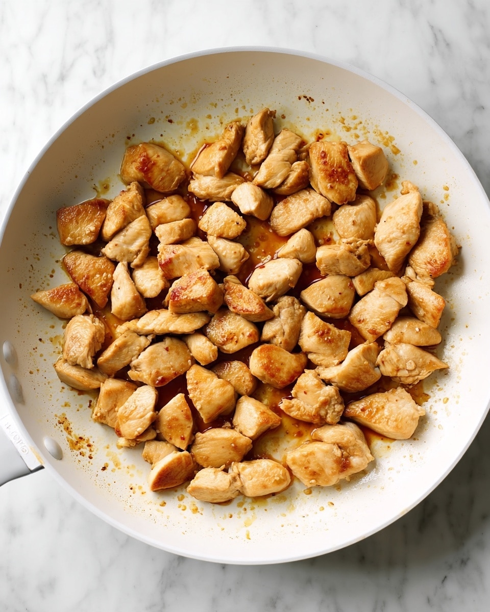 The image shows small, evenly sized pieces of light-brown cooked chicken arranged in a single layer in a white frying pan. The pan has a smooth, clean surface with some brown oil spots and slight caramelization marks around the chicken. The chicken pieces have a tender texture with parts showing a slightly darker brown sear. The pan is on a cooktop, placed on a white marbled surface that is clean and bright. Photo taken with an iphone --ar 4:5 --v 7