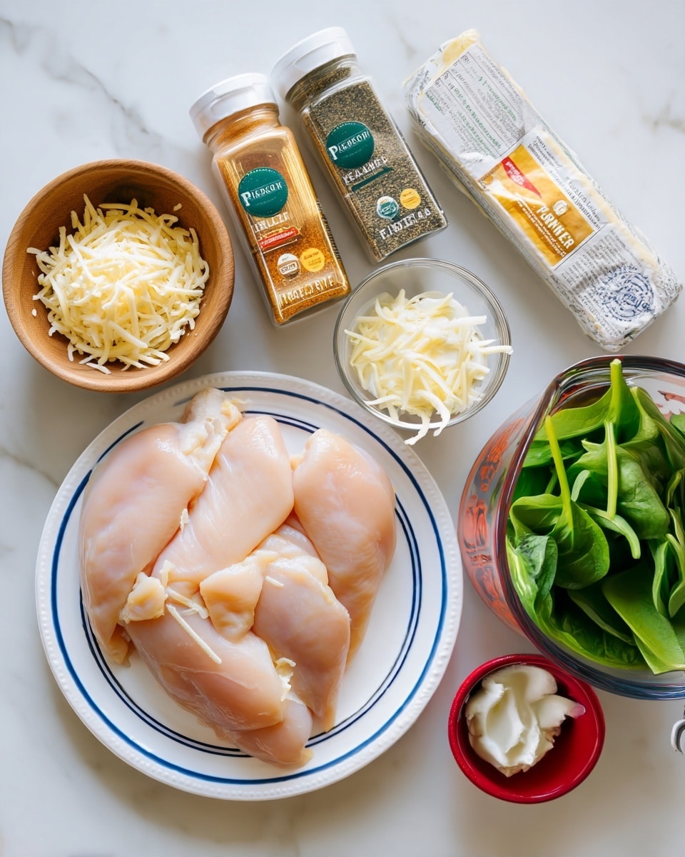 The image shows raw chicken pieces placed on a white plate with blue stripes at the edge, positioned on a white marbled surface. Surrounding the plate are small containers and bowls with various ingredients: a wooden bowl with salt, a small green bowl with black pepper, two spice bottles labeled paprika and garlic powder, a small measuring cup with grated cheese, a small white cup with shredded cheese, a clear measuring cup filled with fresh green spinach leaves, a small red bowl holding white creamy butter, two peeled garlic cloves, and a wrapped stick of butter in paper packaging. The overall scene is neatly arranged with an overhead view, showing the colors and textures of the fresh ingredients clearly. photo taken with an iphone --ar 4:5 --v 7