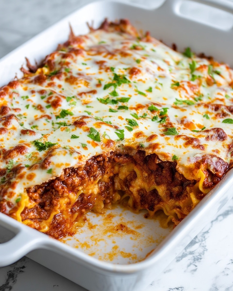 A white rectangular baking dish holds a three-layered lasagna. The bottom layer is slightly visible, showing a golden pasta base. The middle layer is rich with dark brown meat sauce mixed with hints of red tomato sauce. The top layer is melted white cheese, dotted with melted golden brown spots and sprinkled with small green parsley pieces, giving a fresh look. The dish is placed on a white marbled surface. Photo taken with an iphone --ar 4:5 --v 7