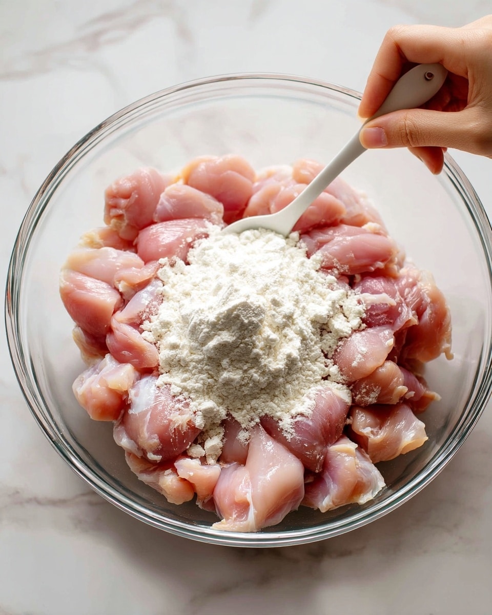 A clear glass bowl sits on a white marbled surface, filled with small pieces of raw pink chicken. On top of the chicken, there is a mound of white powder, likely flour or cornstarch, covering the middle part of the chicken. A white spoon is partially buried in the chicken and powder mixture, with a woman's hand holding the spoon handle above the bowl. Photo taken with an iphone --ar 4:5 --v 7